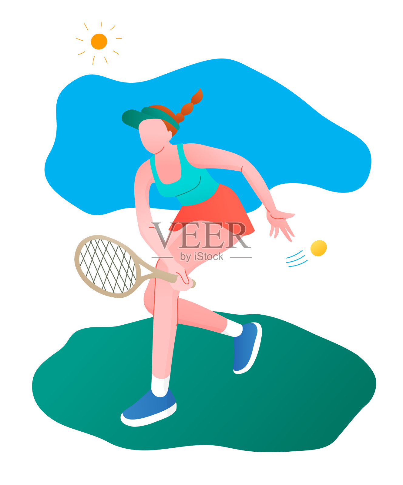 女孩打网球。矢量插图在一个平坦的风格。孤立在白色背景上。体育的概念。插画图片素材