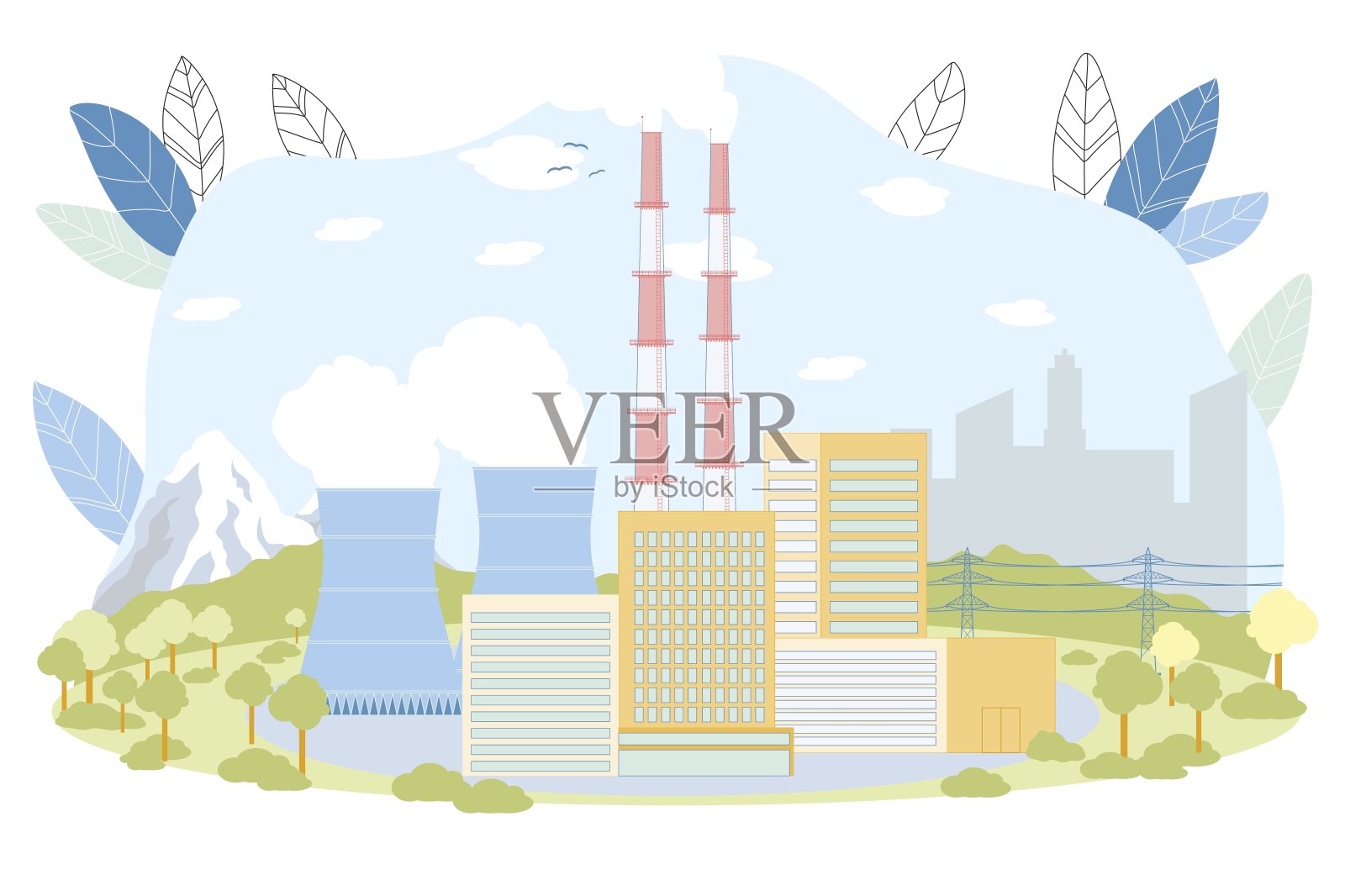 热电站冷却塔烟管插画图片素材