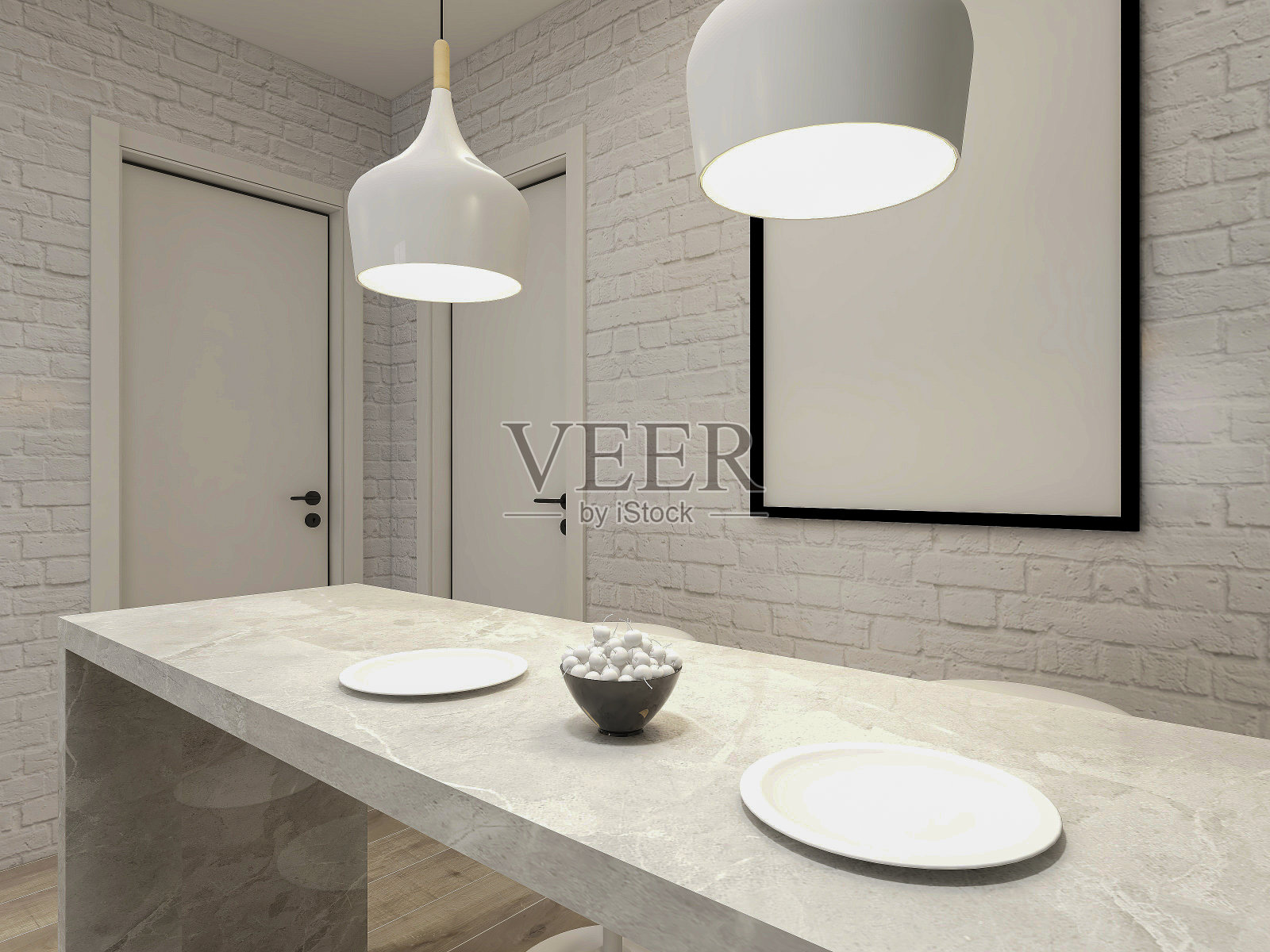 3D渲染，宽敞现代豪华厨房与酒吧设计。照片摄影图片