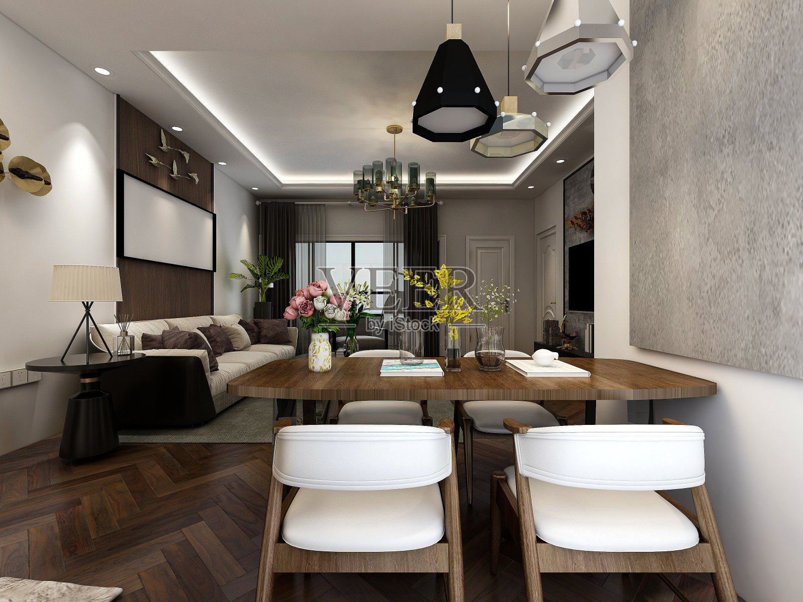 3D效果图，温馨餐厅区域设计，木制桌椅照片摄影图片