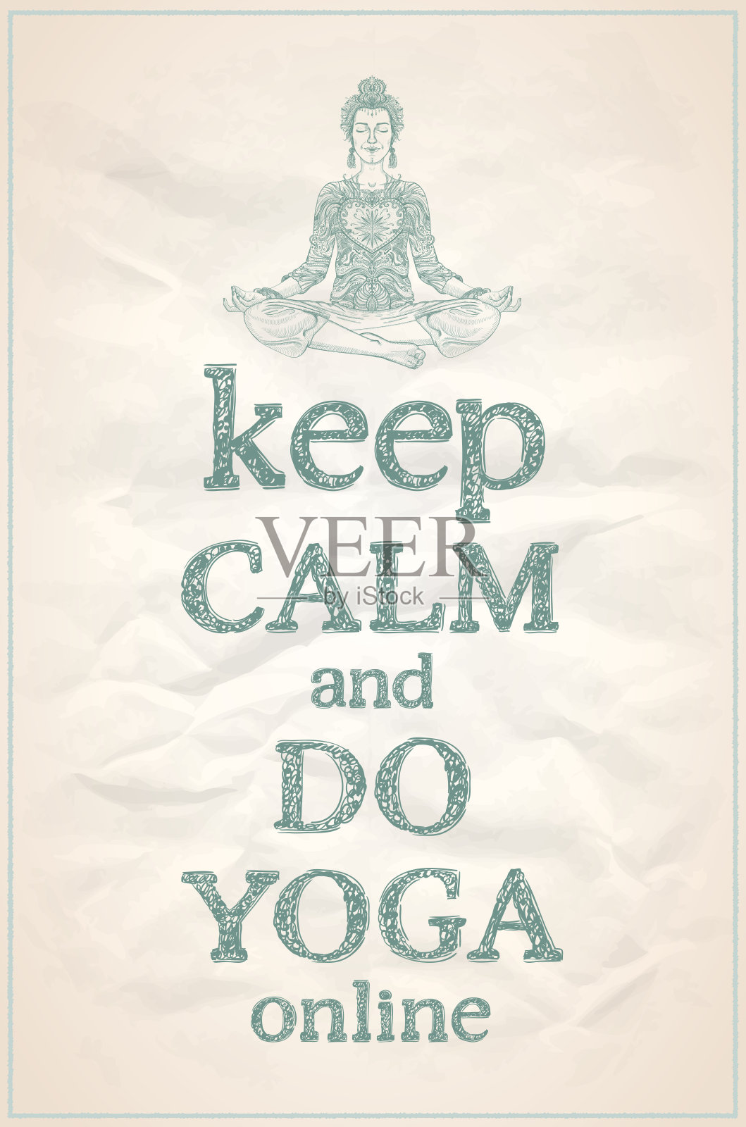 保持冷静，在网上做瑜伽，引用卡上的女人在家练习瑜伽冥想插画图片素材