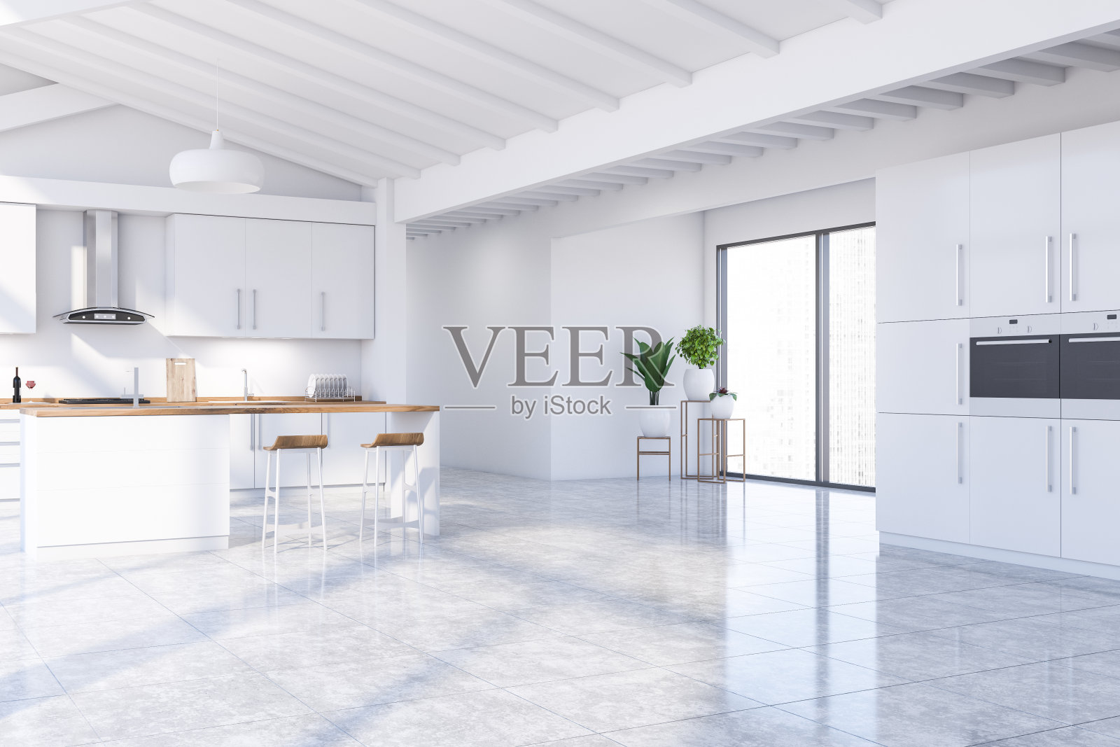 阁楼白色厨房，酒吧和烤箱照片摄影图片