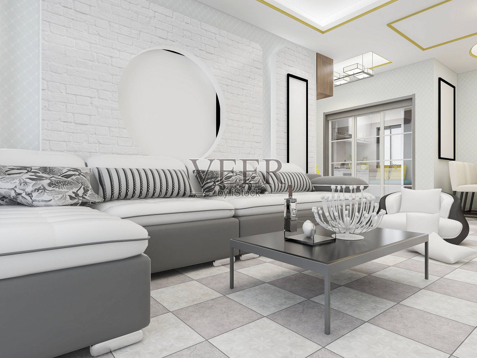 3D效果图，干净整洁的现代客厅设计，入口配有鞋柜、沙发、电视、桌子、休闲椅等设施照片摄影图片