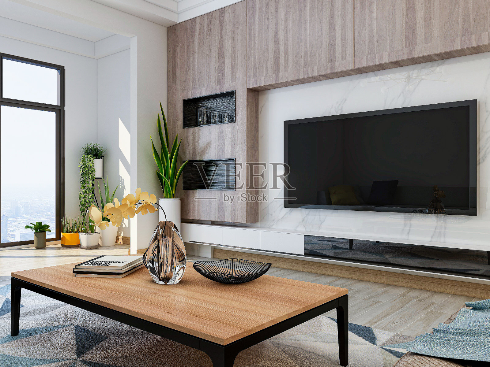 3D效果图，现代住宅宽敞的客厅设计，配有沙发、茶几、装饰画等照片摄影图片