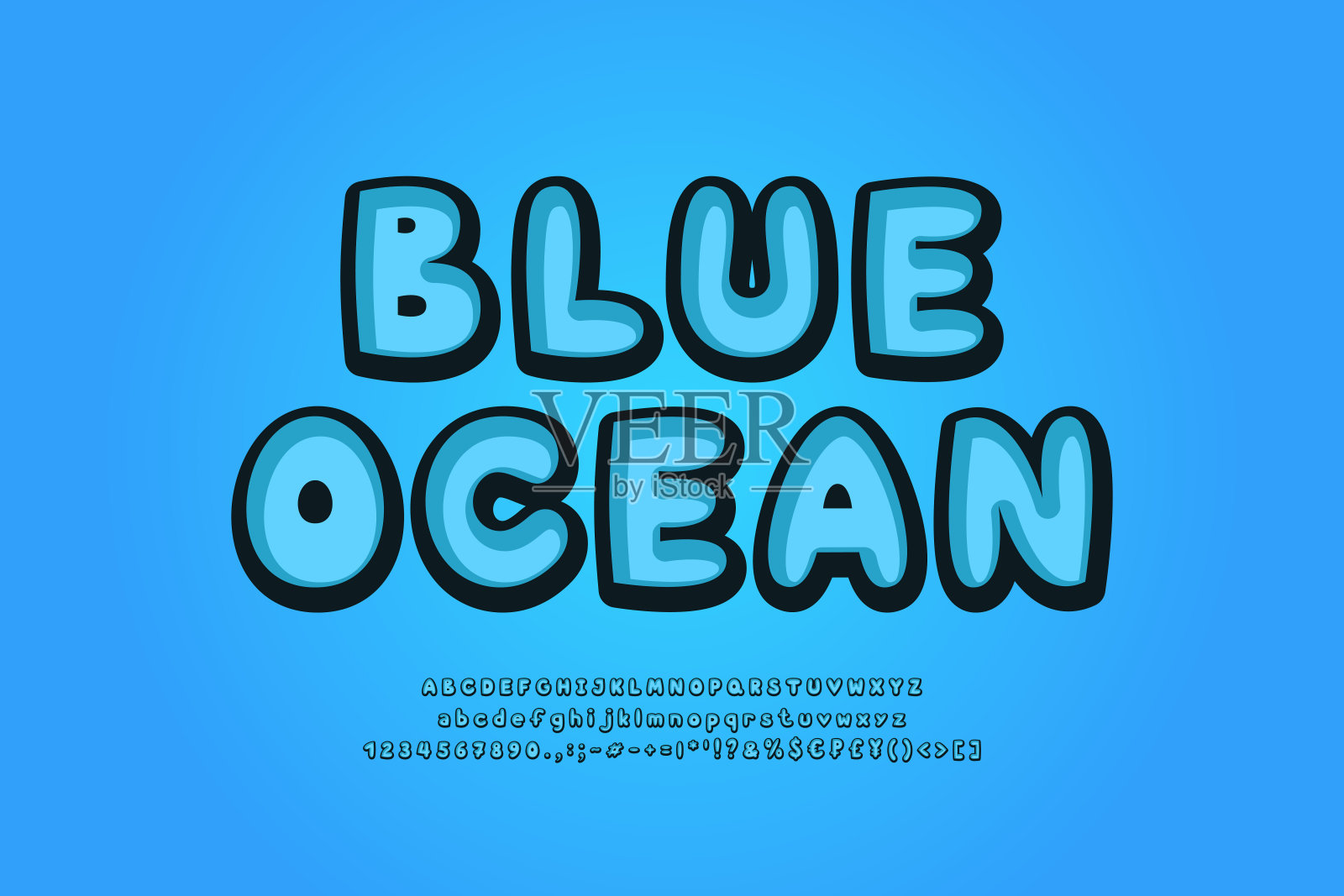 蓝海字母表复古3d字体。卡通气泡字体，大写字母和小写字母，数字，符号。矢量图插画图片素材