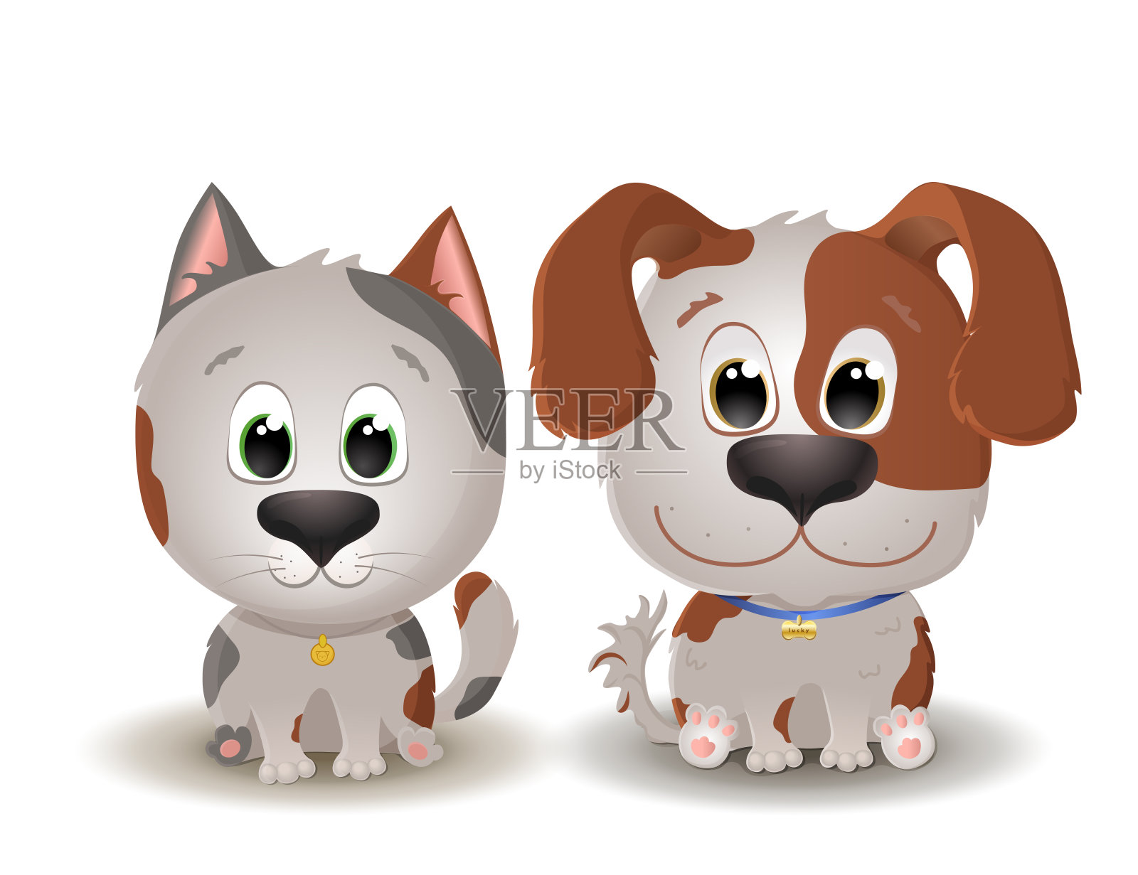 向量可爱的米色与斑点狗和猫与大眼睛在卡通风格。小猫和小狗坐在一起微笑。插画图片素材