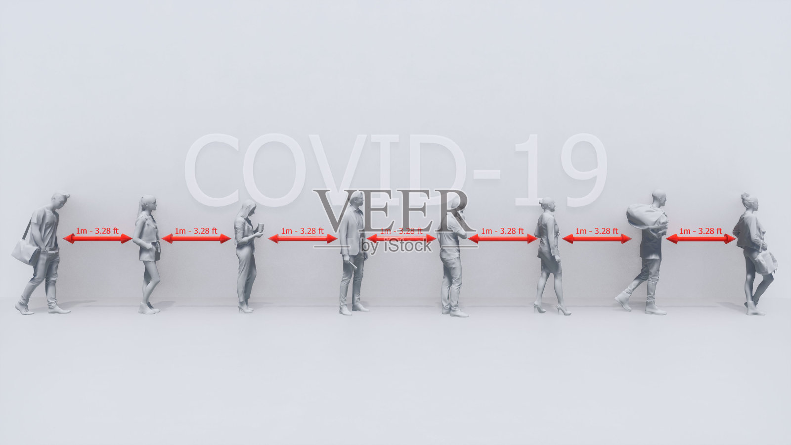 COVID-19病毒三维概念中保持安全距离照片摄影图片