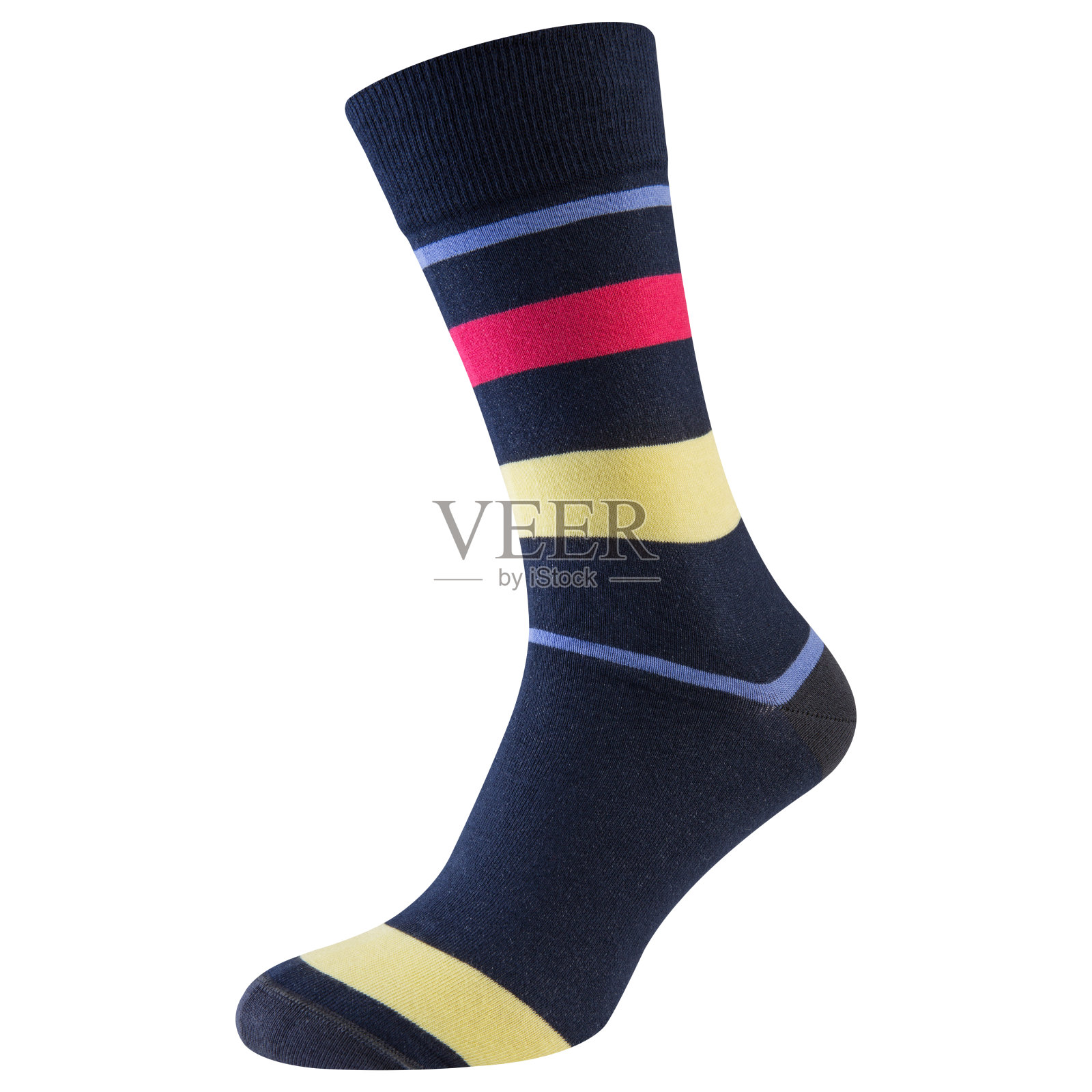 宽大的蓝色短袜，有彩色宽条纹，白色背景照片摄影图片