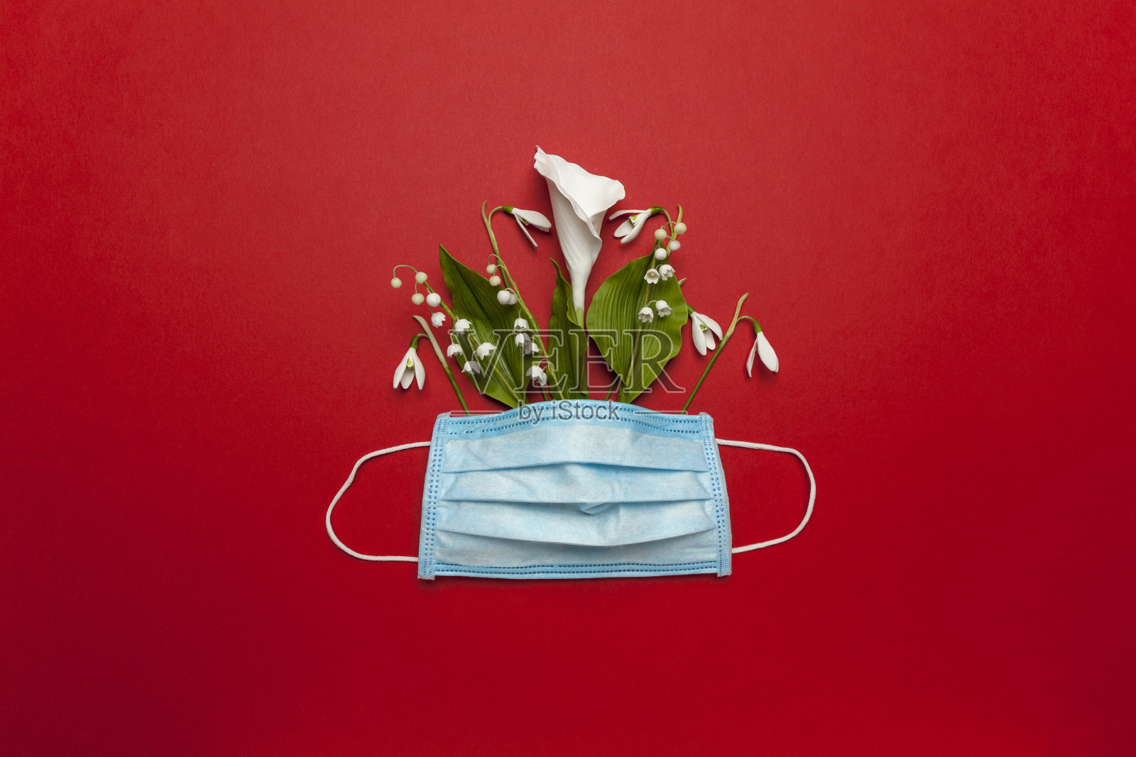 红色背景上的春花与医用面具。过敏与冠状病毒(2019-ncov, covid 2019)大流行。雪花莲，铃兰和马蹄莲照片摄影图片
