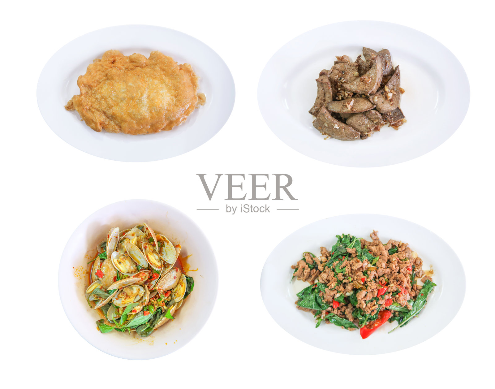 泰式套餐，蒜蓉炒猪肝，辣椒炒蛤蜊，罗勒炒牛肉 煎蛋照片摄影图片