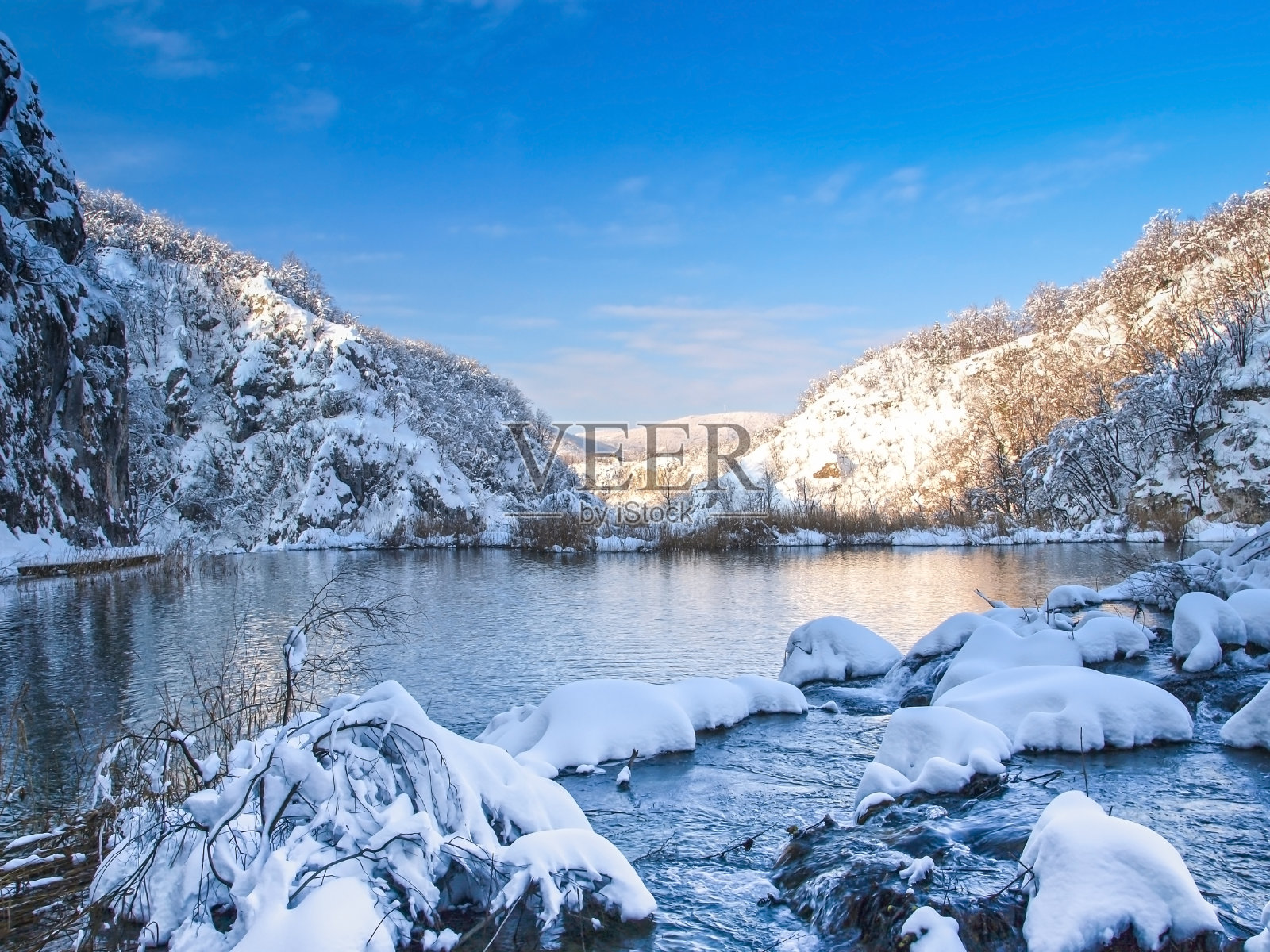 普利特维茨湖在冬季照片摄影图片
