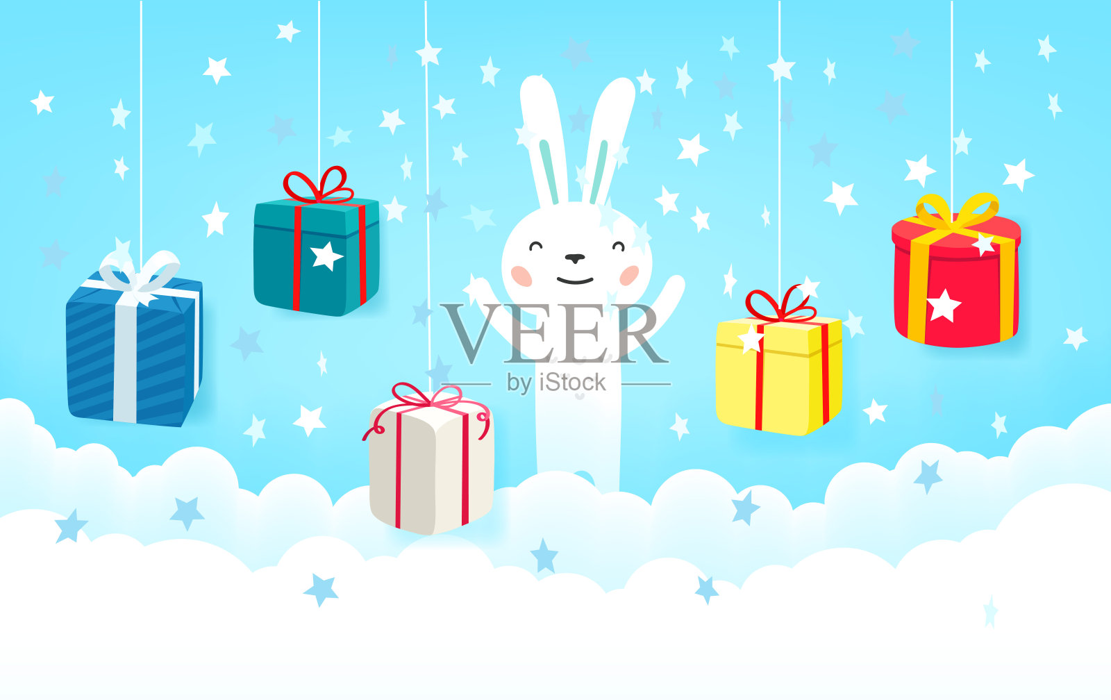 复活节贺卡模板与礼盒和可爱的兔子插画图片素材