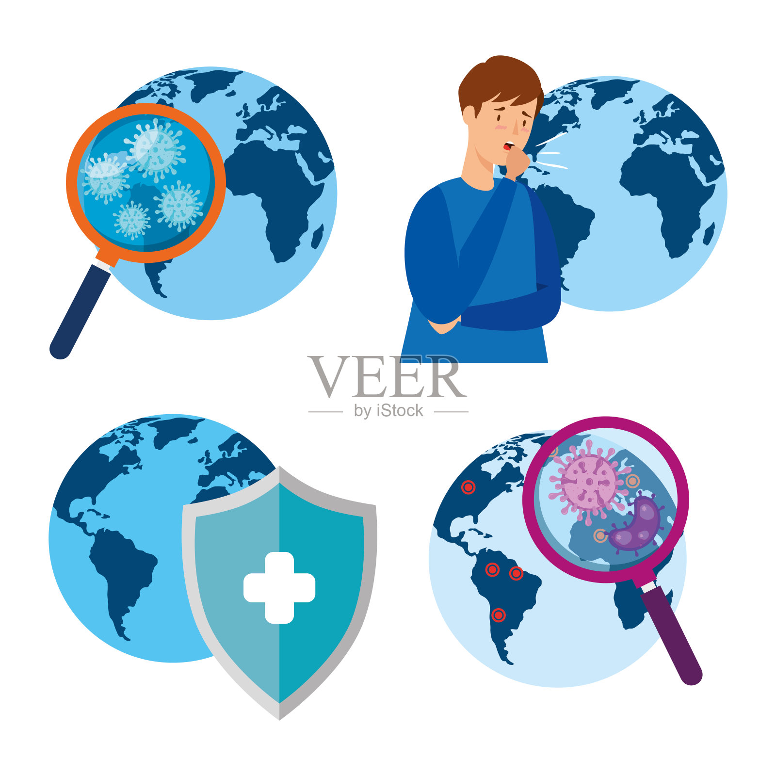 2019冠状病毒和图标的捆绑世界插画图片素材