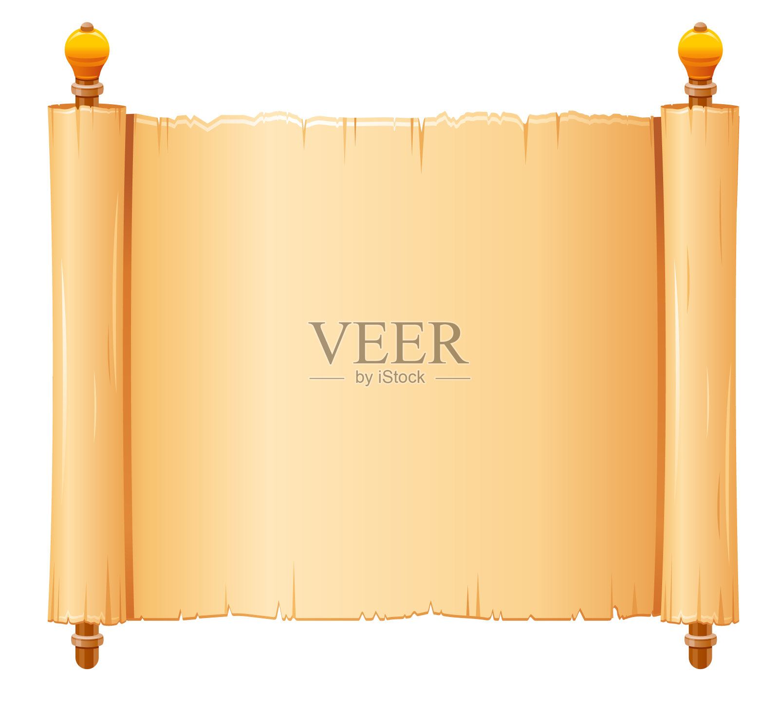 纸莎草卷轴，羊皮纸与旧的纹理，矢量旗帜孤立在白色的背景。古董卷与木制手柄地图，古老，圣经，中世纪信件。古老的纸莎草卷轴插画图片素材