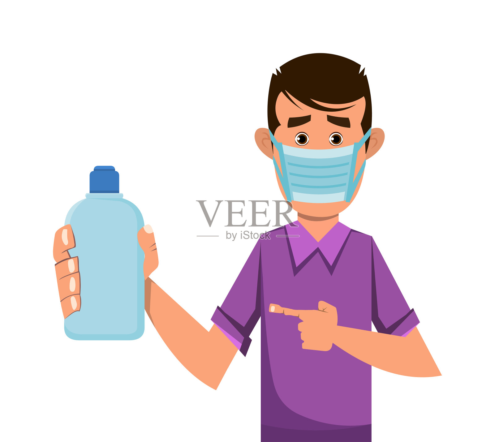 男孩拿着并展示消毒凝胶瓶。关于冠状病毒爆发和预防的想法。平面向量插图插画图片素材