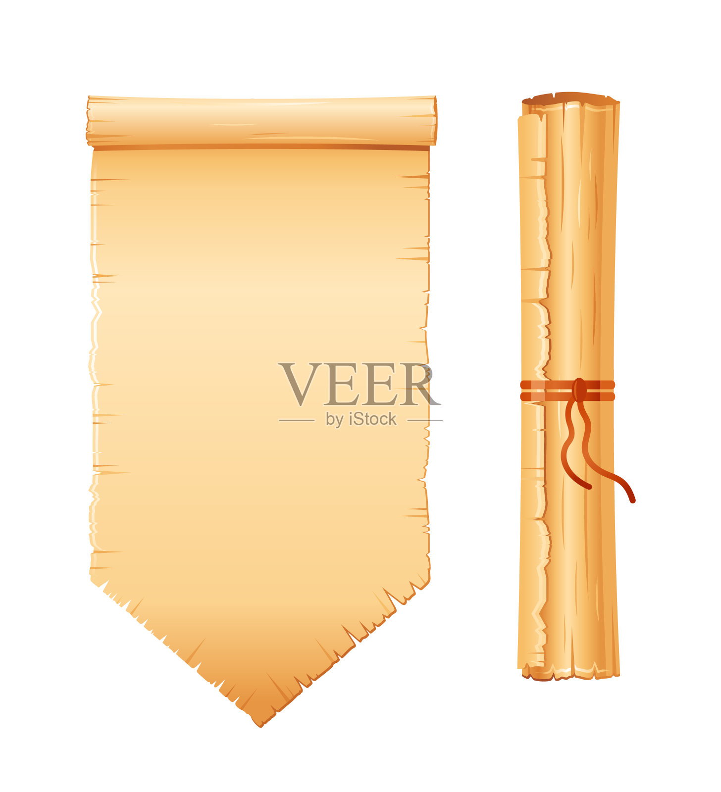 纸莎草卷轴集，羊皮纸与旧的纹理，矢量旗帜孤立在白色的背景。古董卷与木制手柄地图，古老，圣经，中世纪信件。古老的纸莎草卷轴插画图片素材