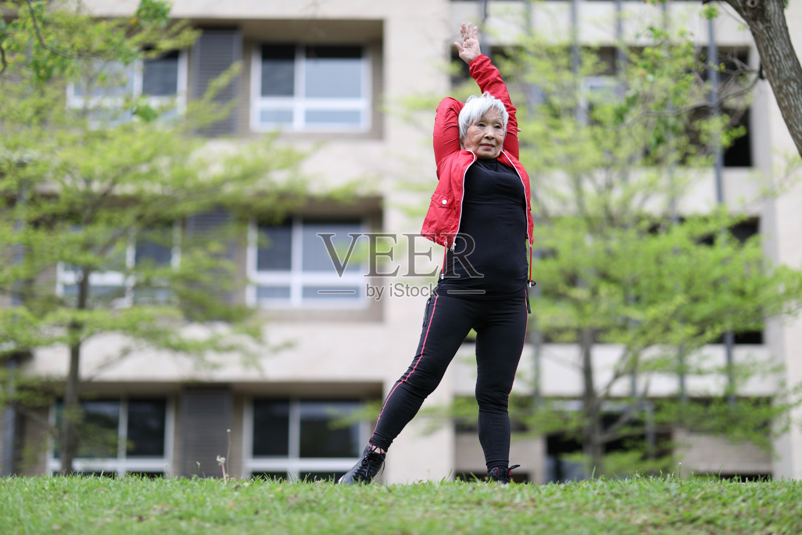 老年妇女在户外做伸展运动照片摄影图片