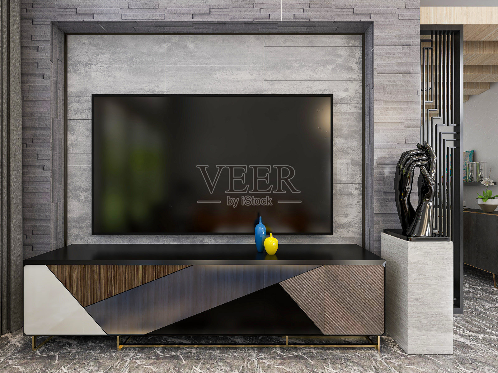 3D效果图，简约现代的客厅沙发配茶几，桌子上有绿色植物。照片摄影图片