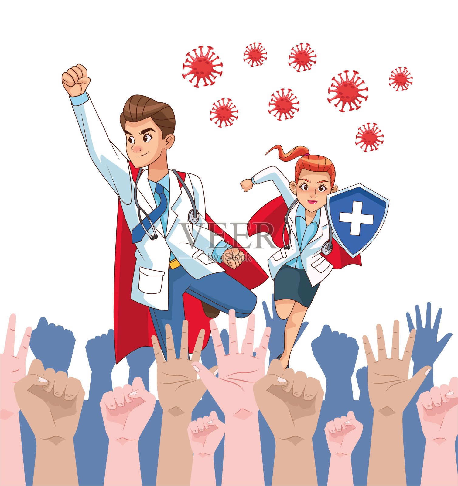 超级医生夫妇vs新冠肺炎与人们欢呼插画图片素材