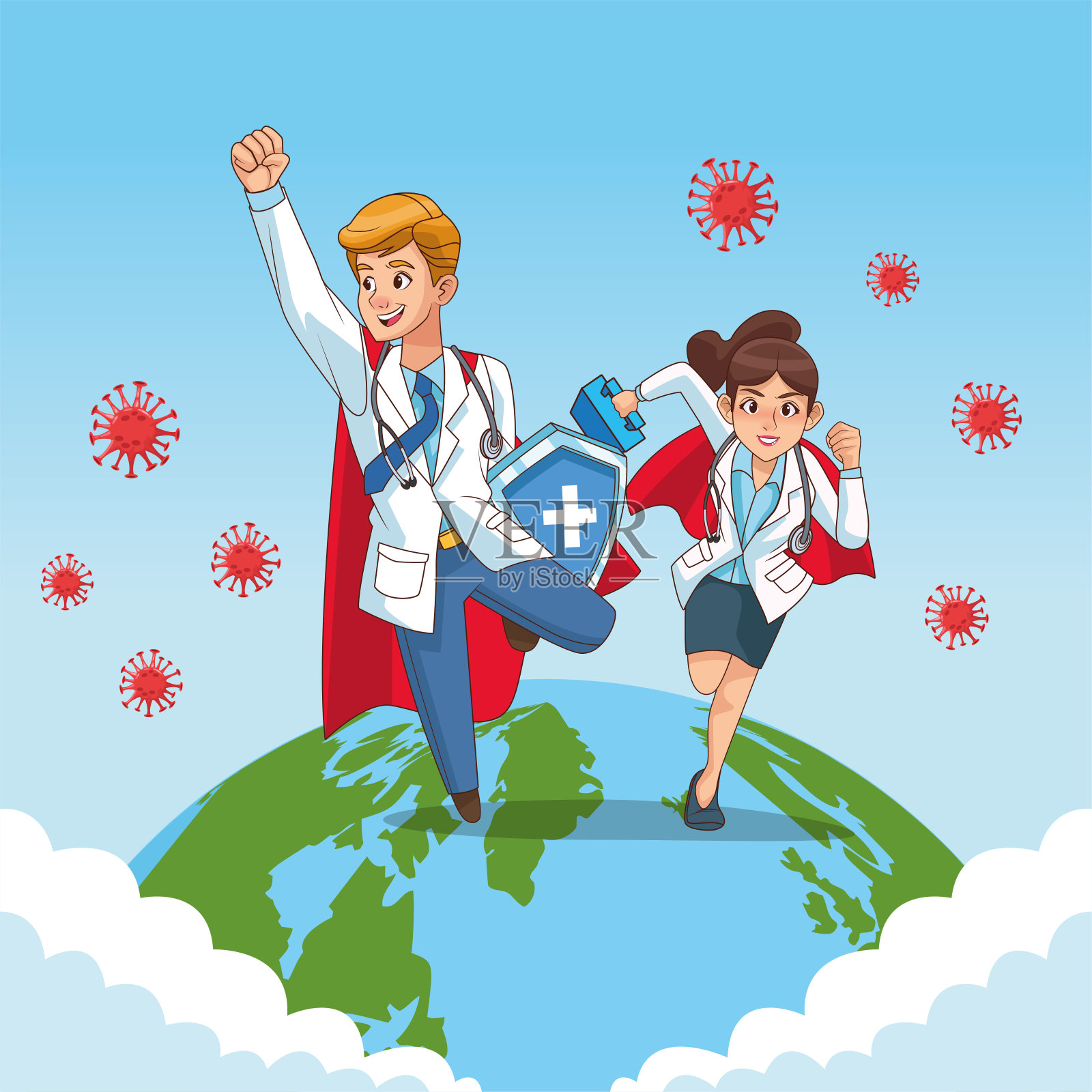超级医生夫妇vs covid - 19与心脏星球插画图片素材