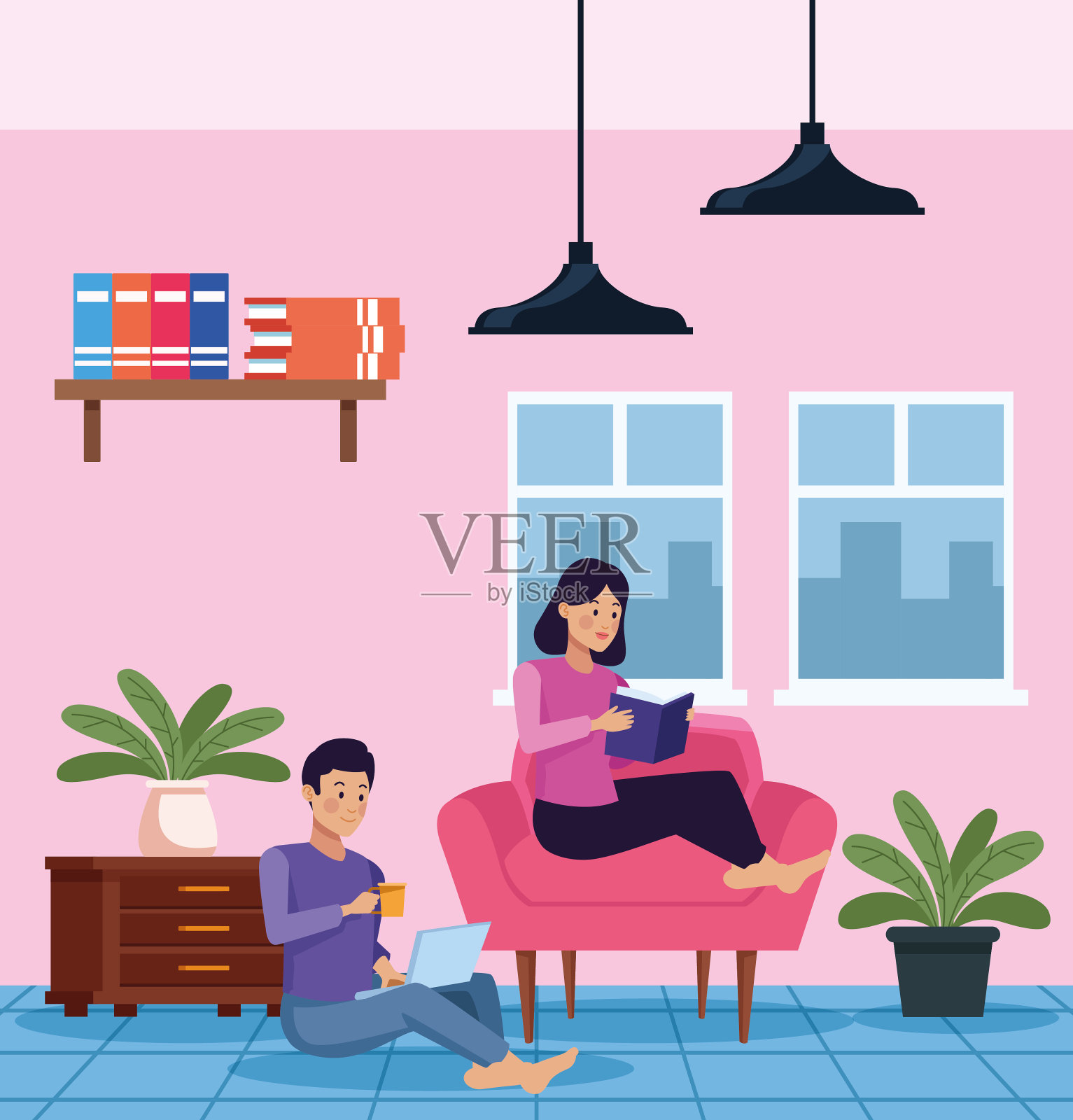夫妇在四方形客厅场景插画图片素材