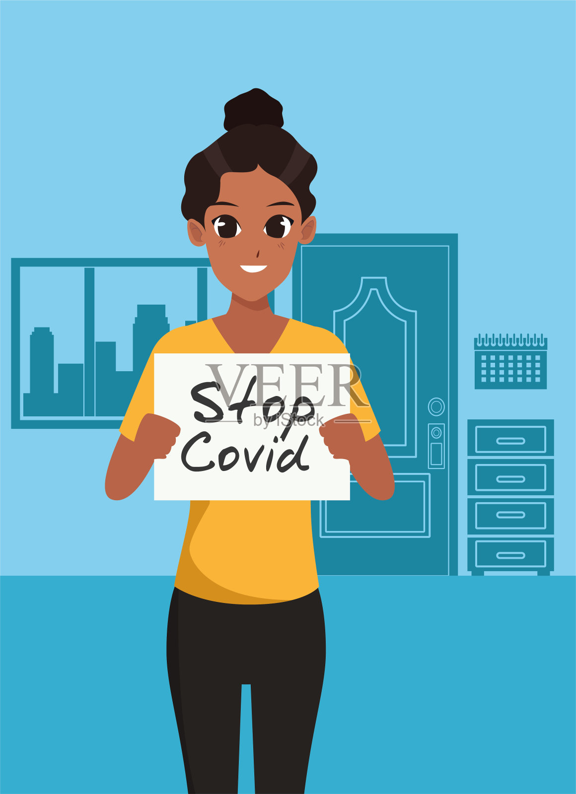 非洲妇女以阻止新冠肺炎的旗帜性格插画图片素材