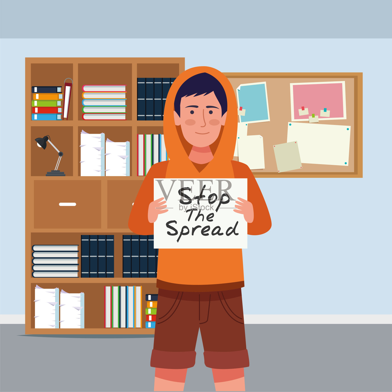 戴着阻止新冠传播banner的男人插画图片素材