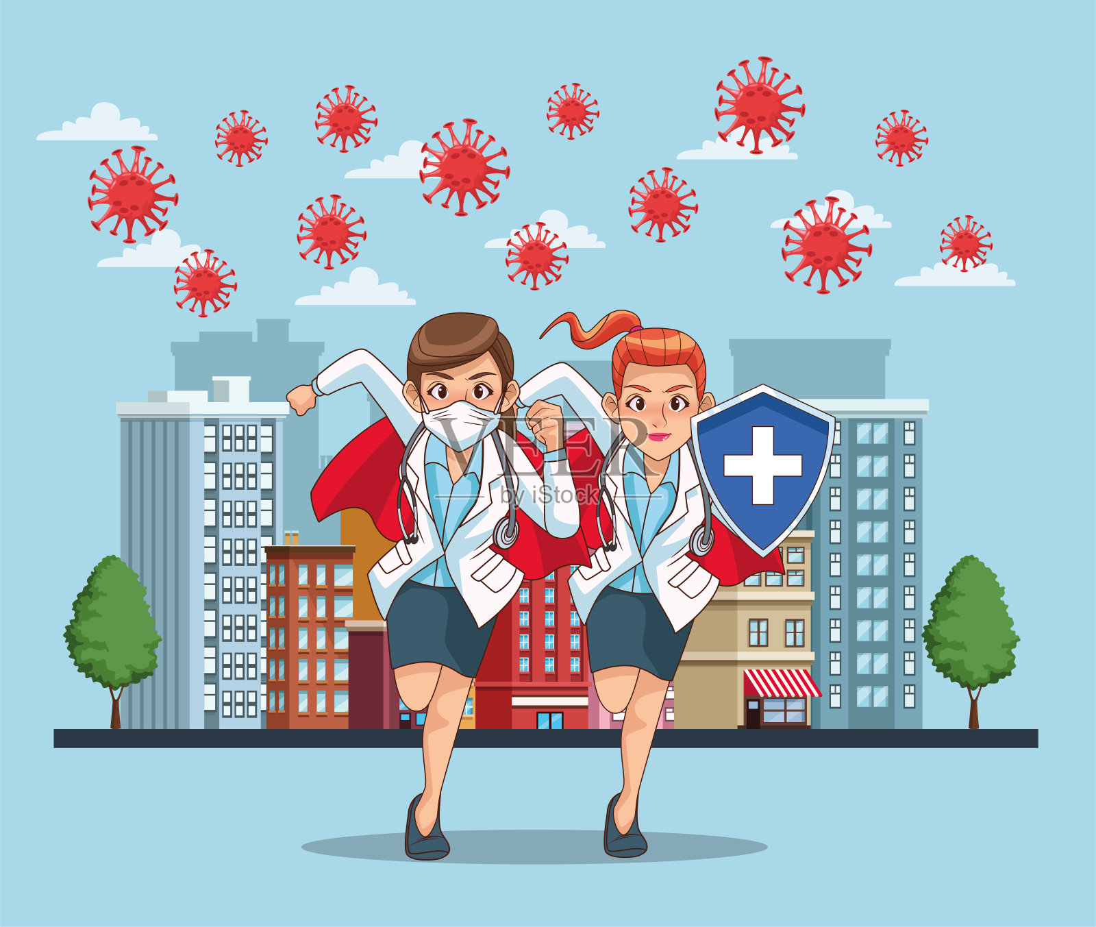 超级医生、女性和新冠肺炎插画图片素材