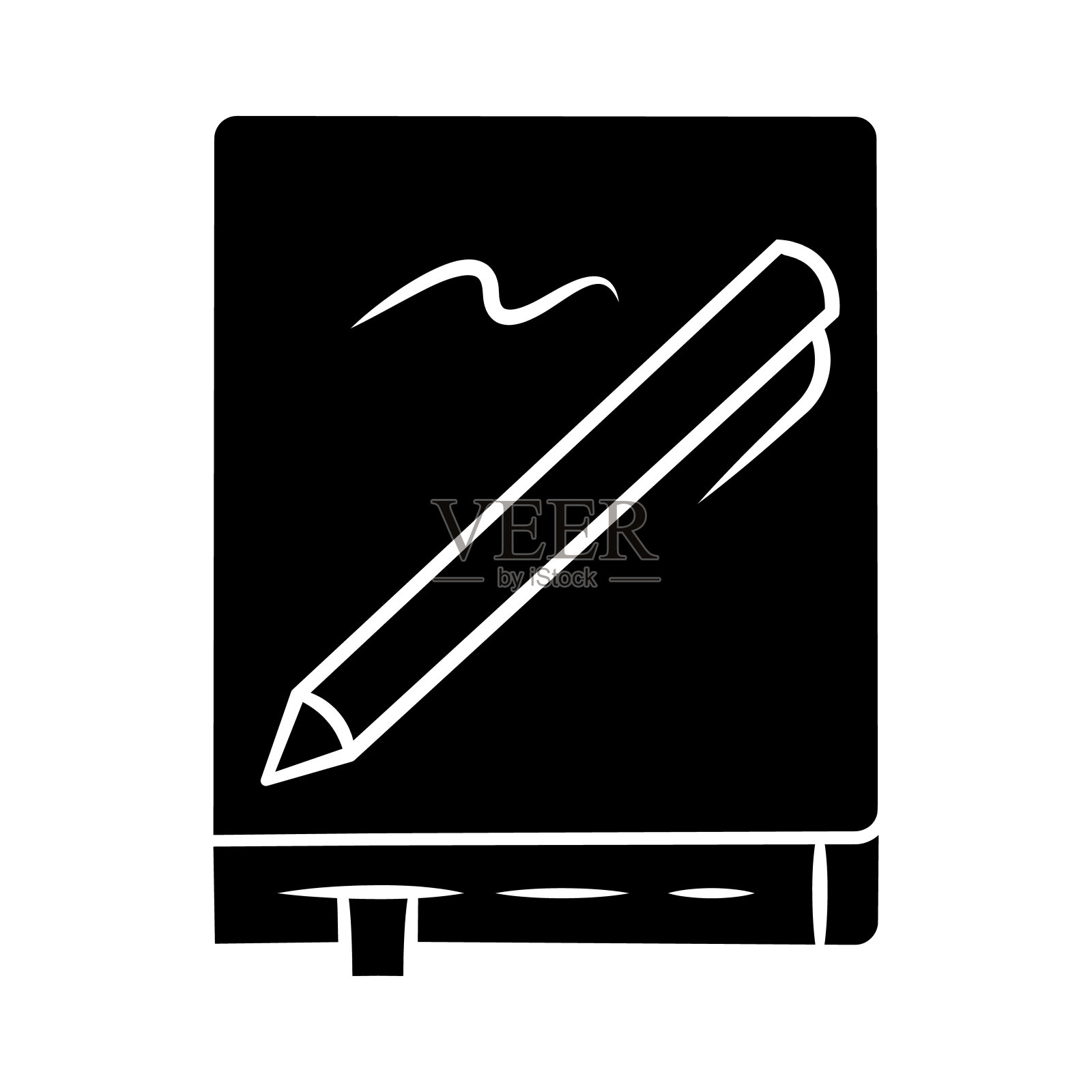 笔记本与笔字形图标。记事本，日记，文具。做笔记，做列表组织者。抄写本，带书签的计划簿。轮廓的象征。负空间。向量孤立的插图图标素材