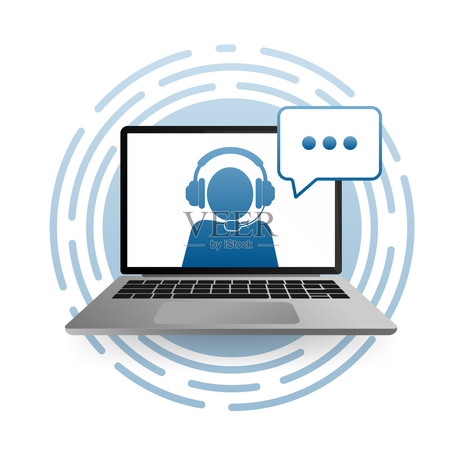 在线教育矢量标志上的白色背景。戴着耳机的笔记本电脑的人。矢量插图。设计元素图片