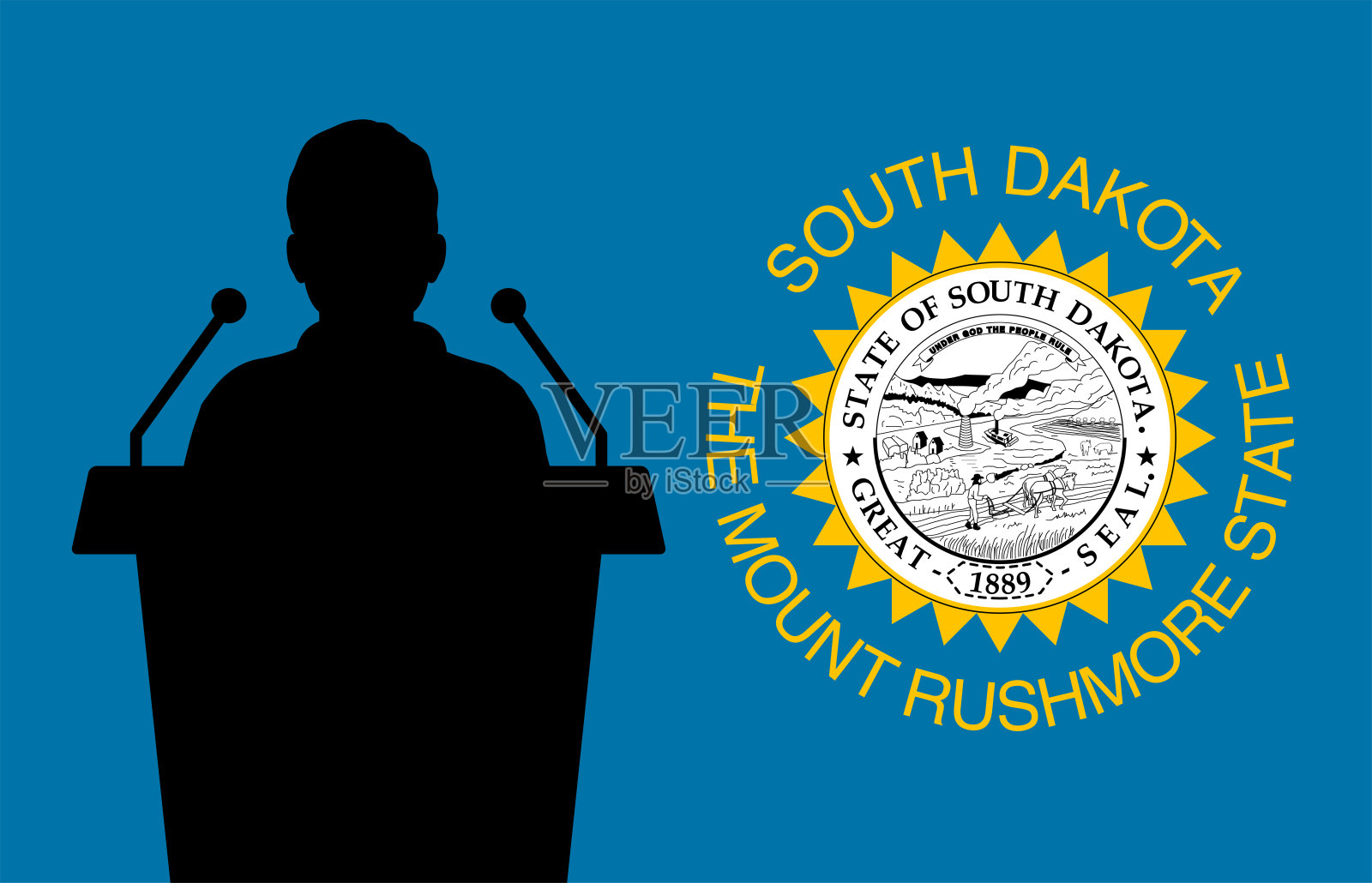 南达科他州美国国旗背景男子讲话。商务人士介绍会议概念。插画图片素材