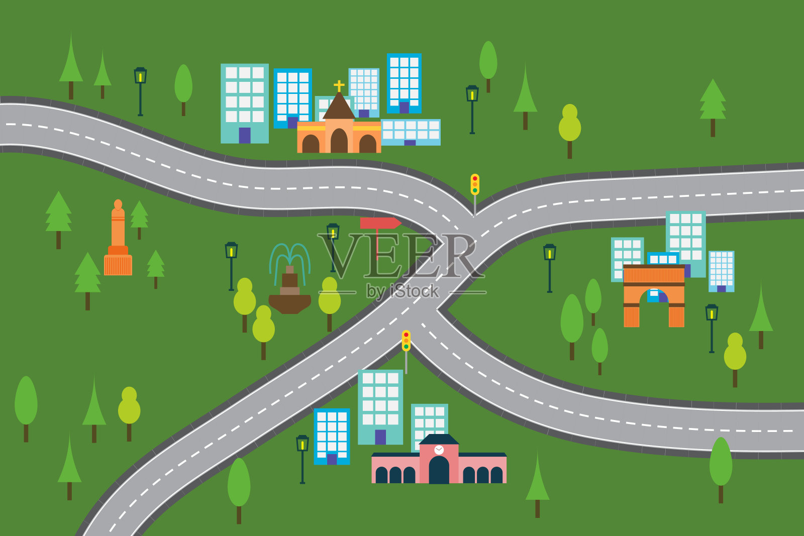 俯瞰城市与一个公园和建筑物没有人和汽车在街上插画图片素材