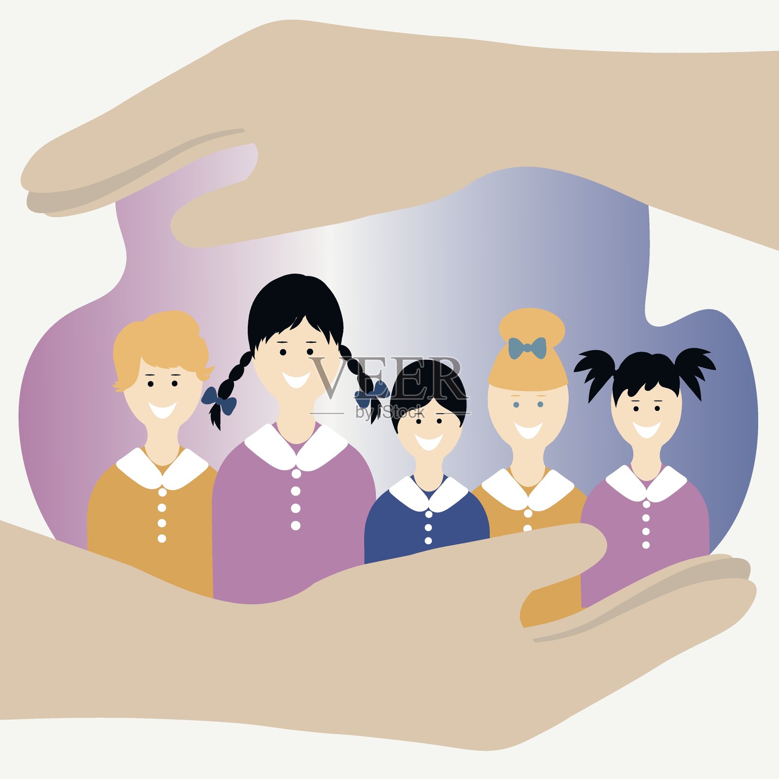 爱护、保护孩子、待在家里的理念。孩子们享受和微笑的手保护他们插画图片素材