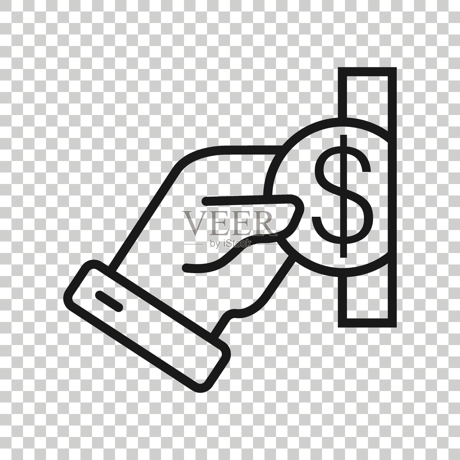 薪酬图标在平坦的风格。金钱在手矢量插图上白色孤立的背景。铸币工资单的经营理念。插画图片素材