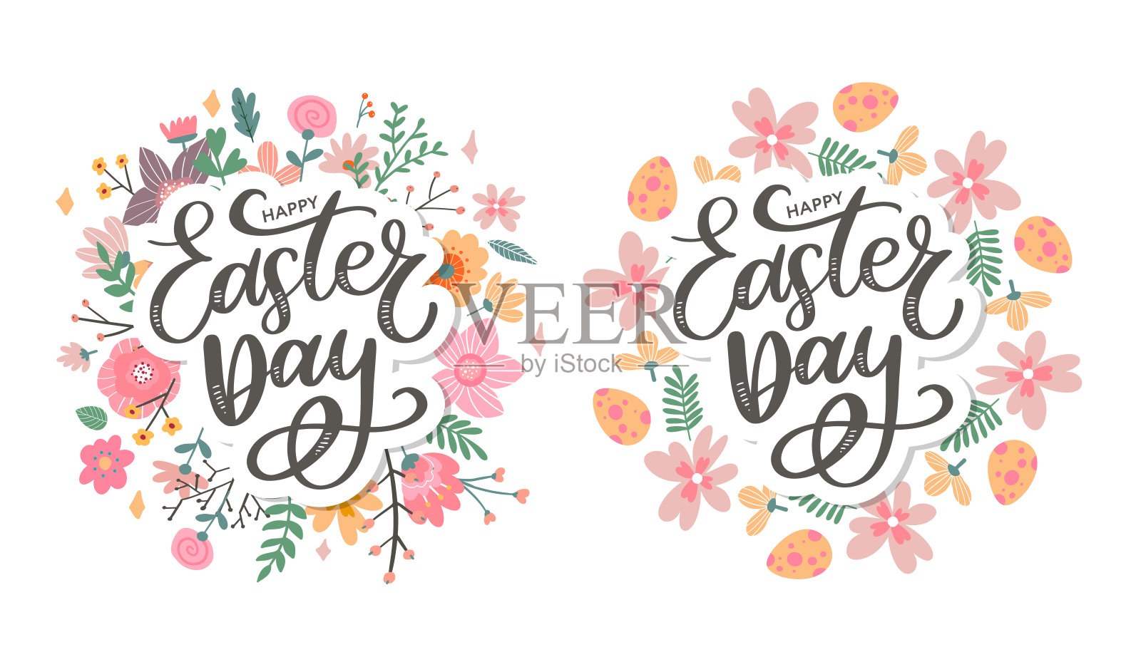 五彩缤纷的复活节贺卡与鲜花、鸡蛋和兔子的元素组成。EPS10矢量文件组织在层，便于编辑。插画图片素材