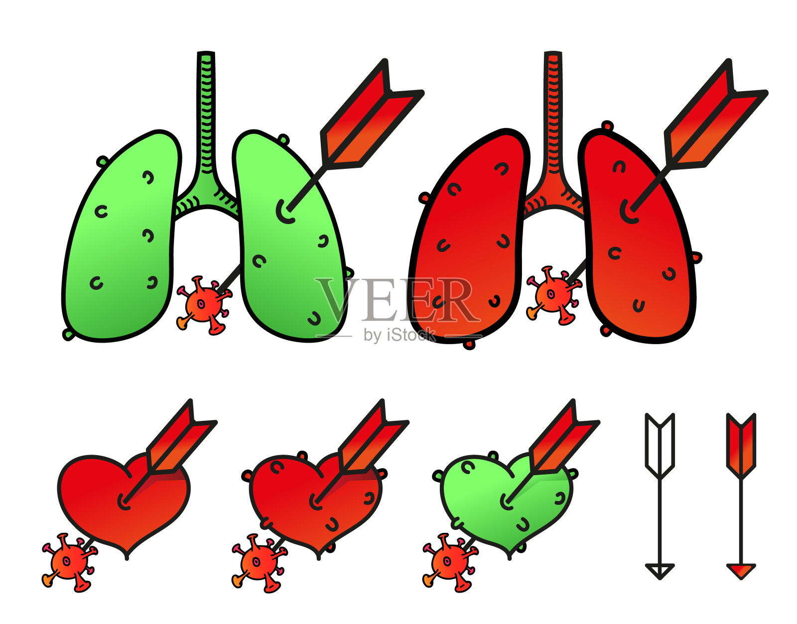 心和肺与箭。矢量平面卡通图标插画图片素材