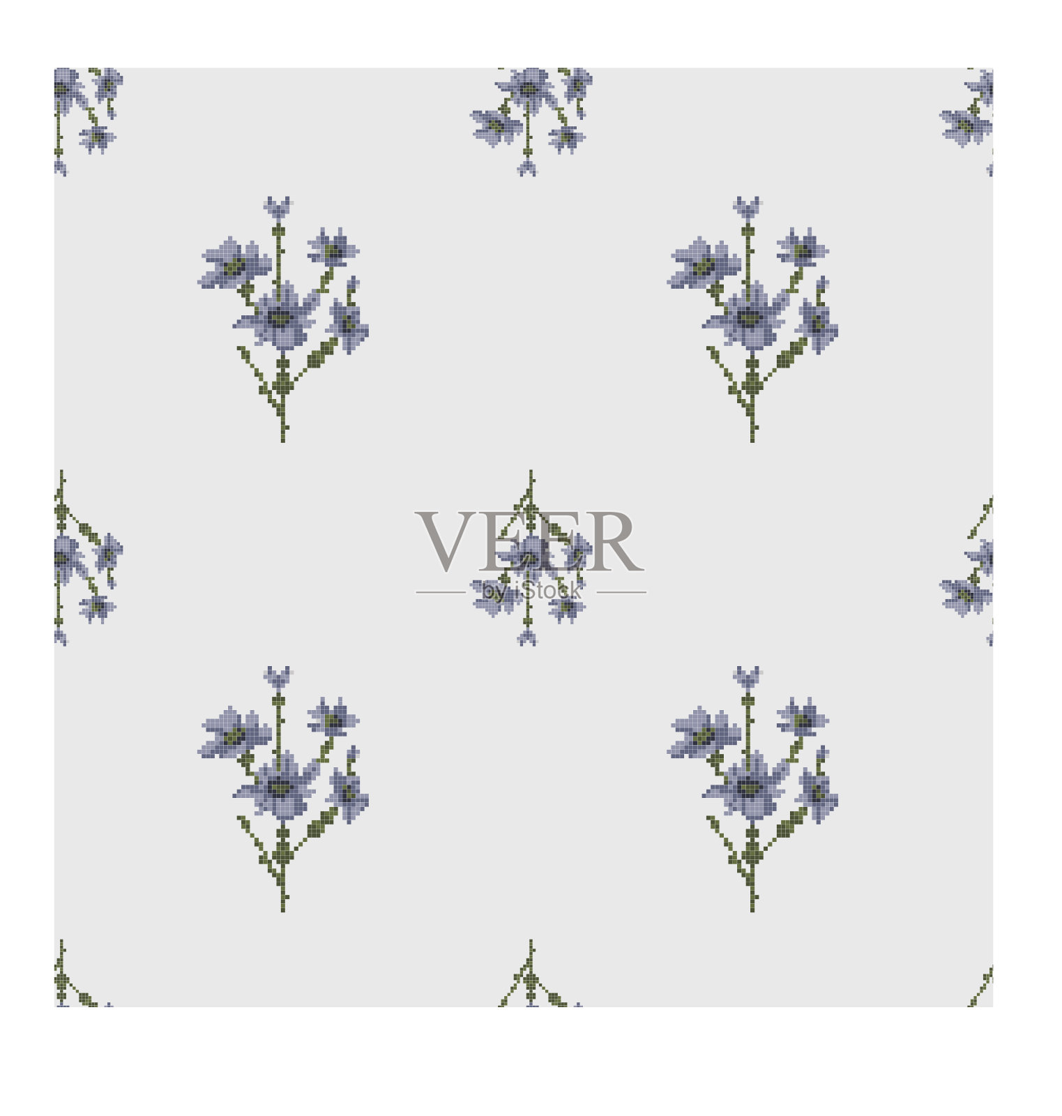 手绣蓝花无缝图案。垂直方向大花小花插画图片素材