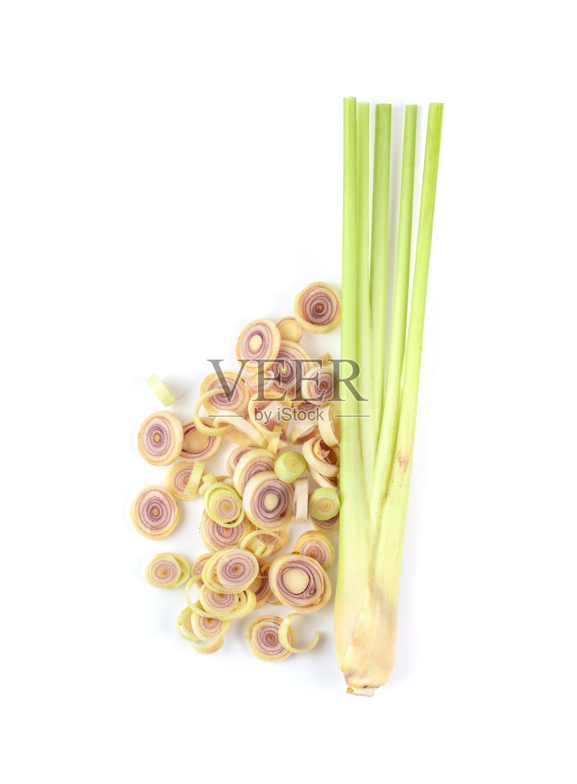 柠檬草片孤立在白色背景。俯视图照片摄影图片