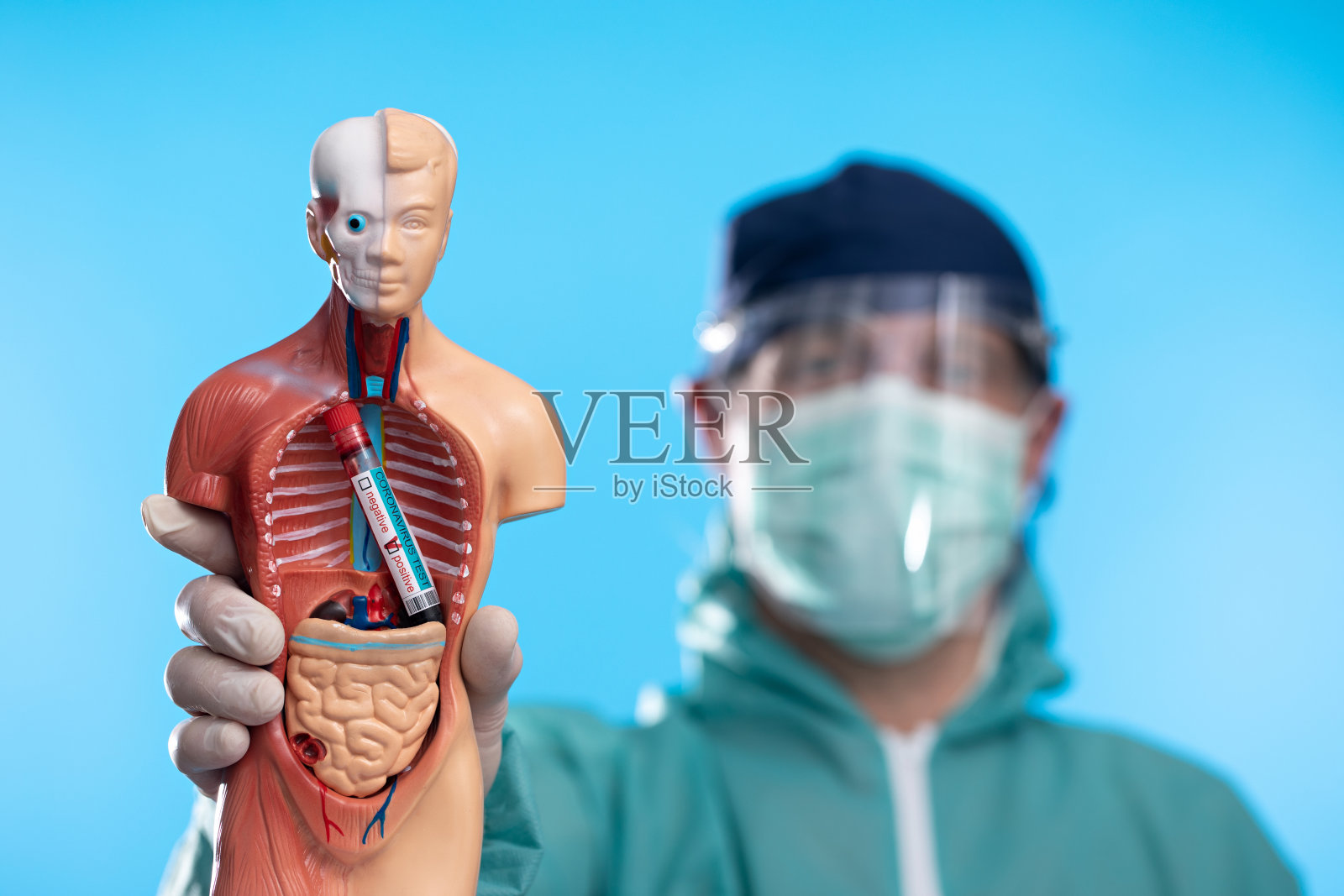 科学家在实验室中用生物危害防护服手持受新冠病毒COVID-19感染的血液样本照片摄影图片