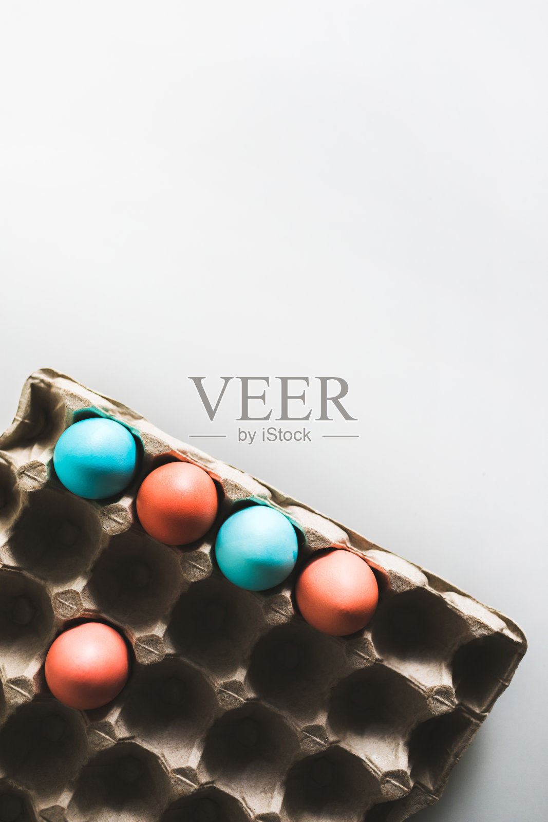 白色背景的纸盒里的彩蛋。时尚的蓝色和红色。前视图。逾越节的概念。照片摄影图片