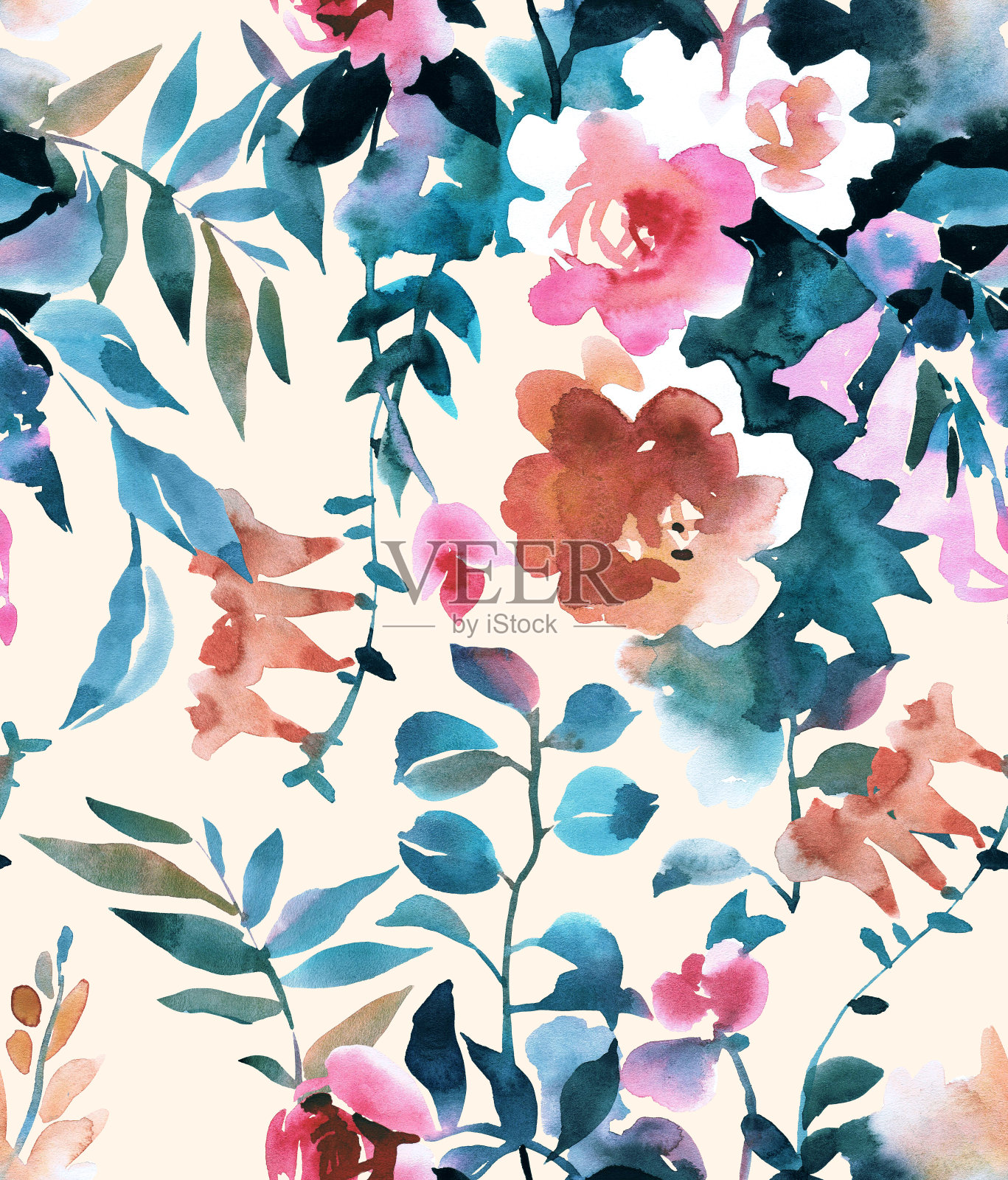 水彩花卉无缝图案。插画图片素材