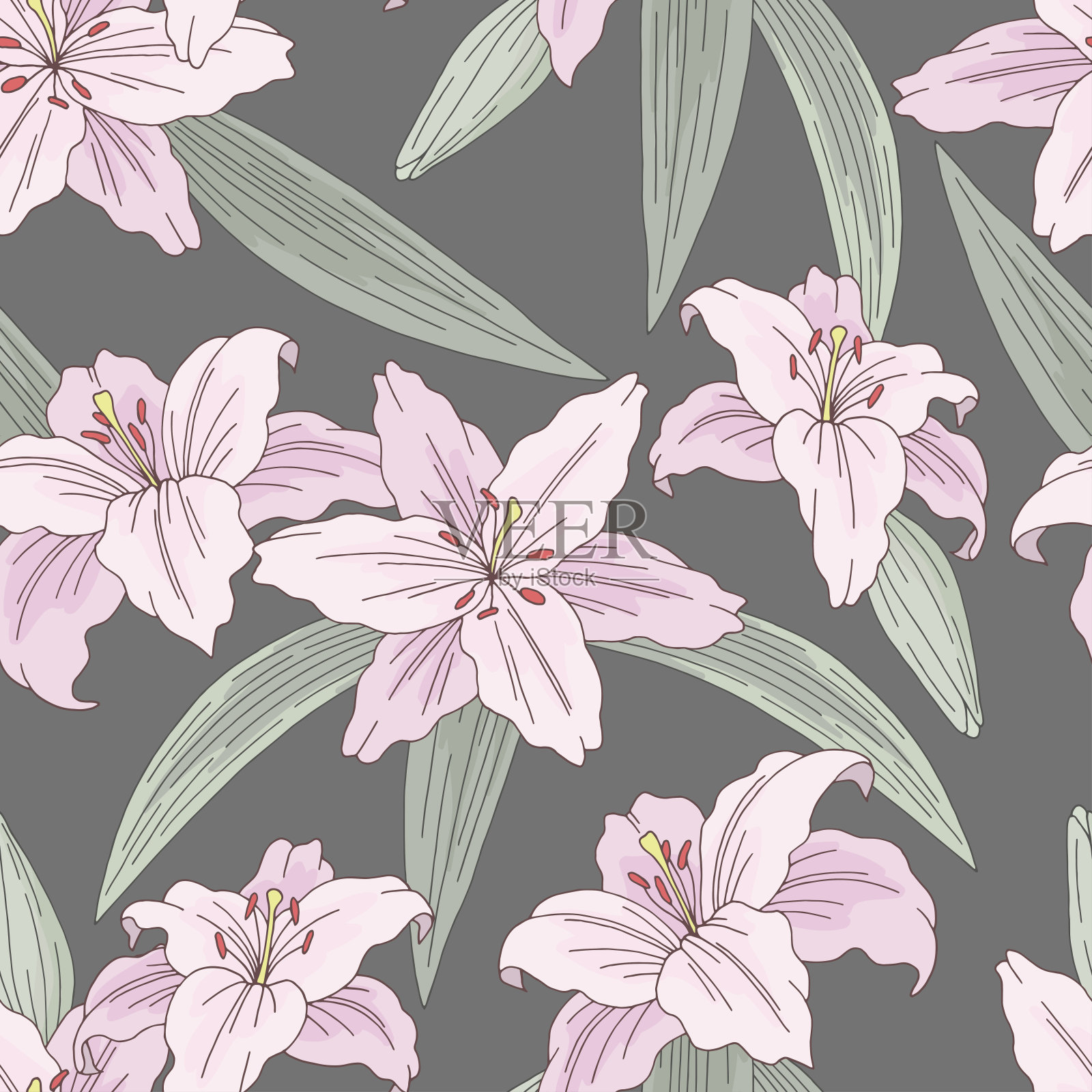 百合花图形粉绿色无缝图案背景素描插图矢量插画图片素材