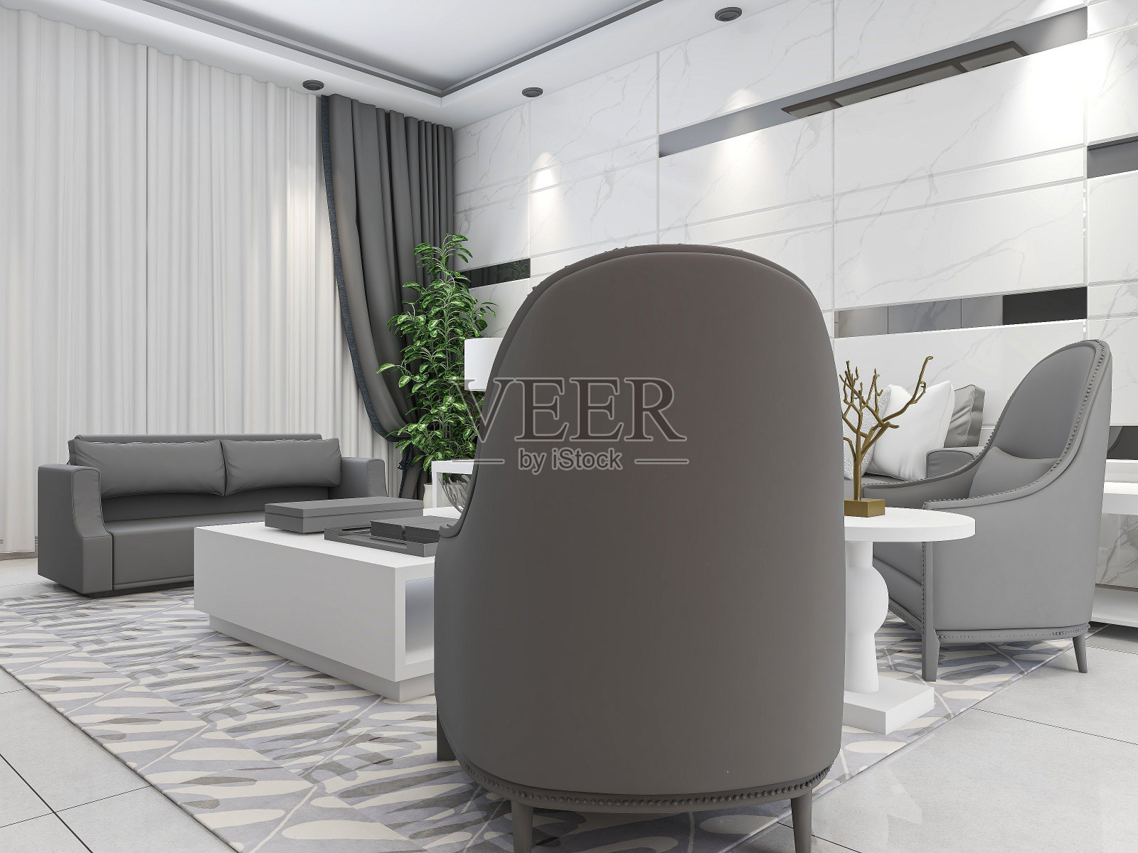 3D效果图，现代住宅宽敞的客厅设计，配有沙发、茶几、装饰画等照片摄影图片