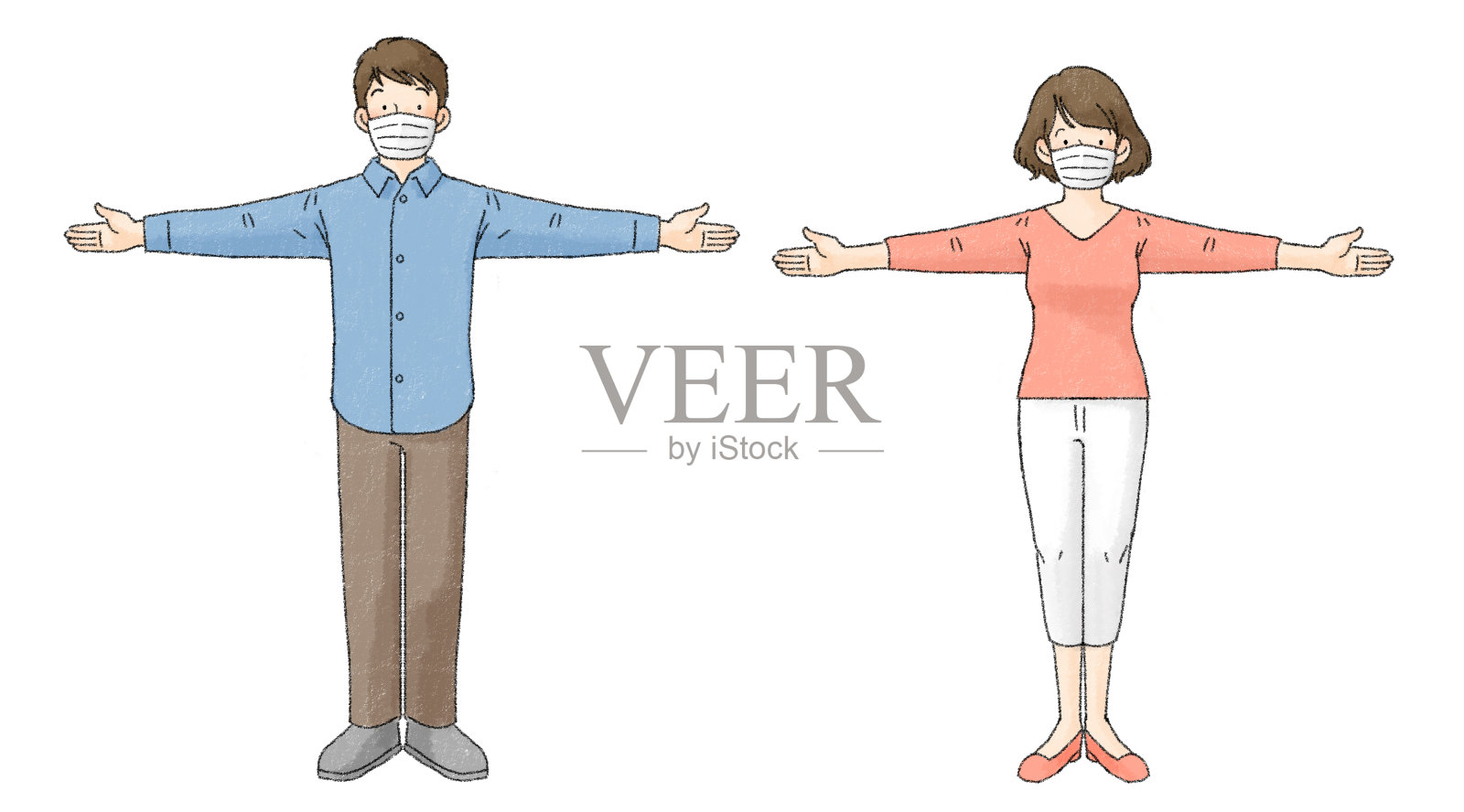 社交距离(2人，双臂伸展，戴着医用口罩)插画图片素材