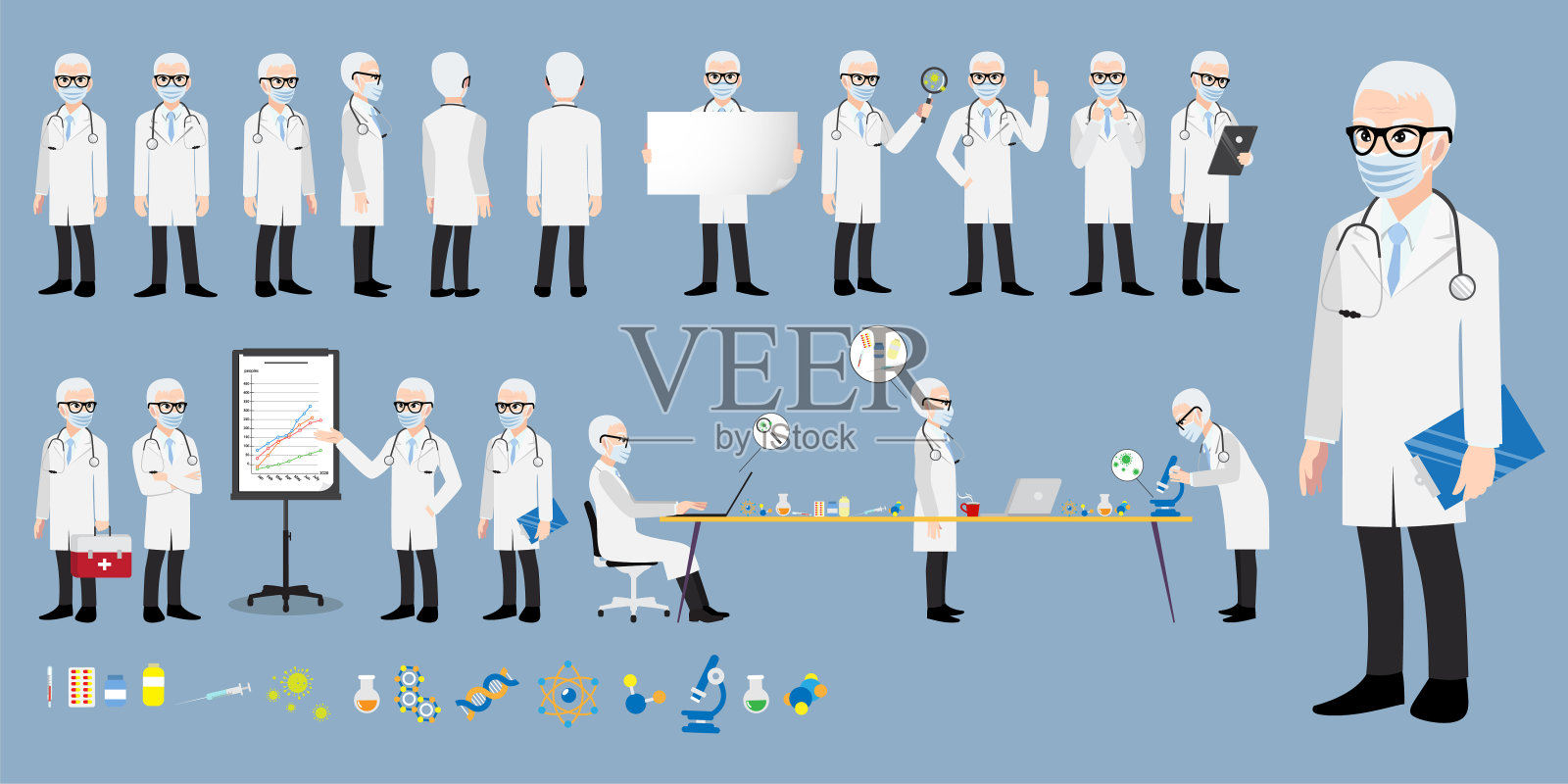 卡通人物，一名专业医生或医护人员戴着医用口罩，摆出不同姿势抗击冠状病毒，背景为浅蓝色。平面图标设计矢量插画图片素材