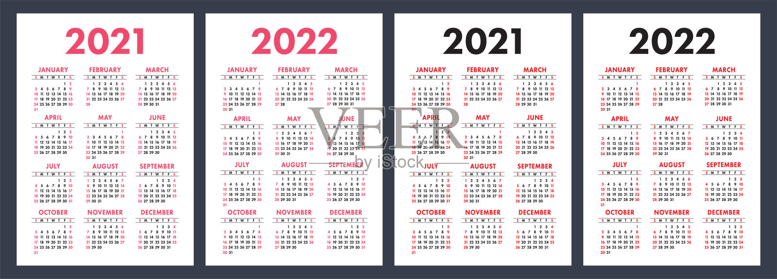 日历为2021年和2022年。英文颜色向量集。垂直墙或口袋砑光机模板。设计收集。新年。一周从周日开始设计模板素材