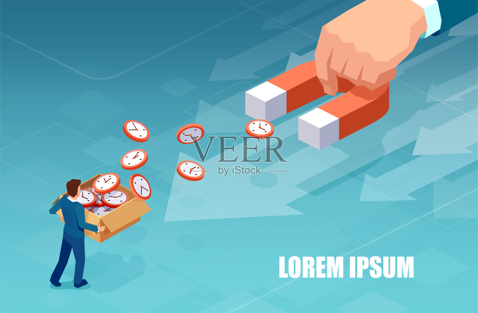 一个大企业的矢量与磁铁吸引时间价值的一个小企业家插画图片素材