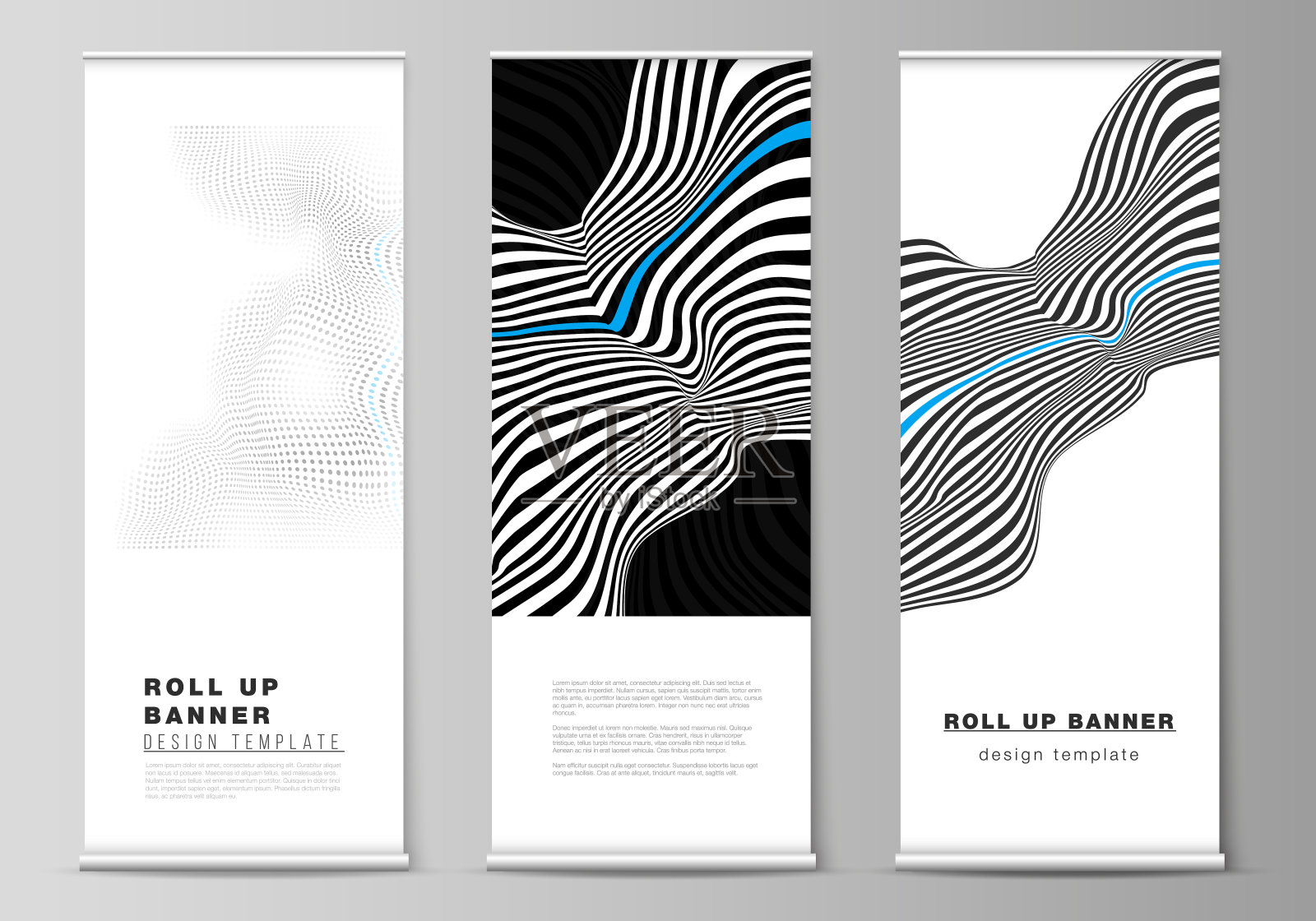 矢量插图的可编辑布局的滚动旗帜站，垂直传单，旗帜设计业务模板。用线和立方体抽象大数据可视化概念背景。设计模板素材