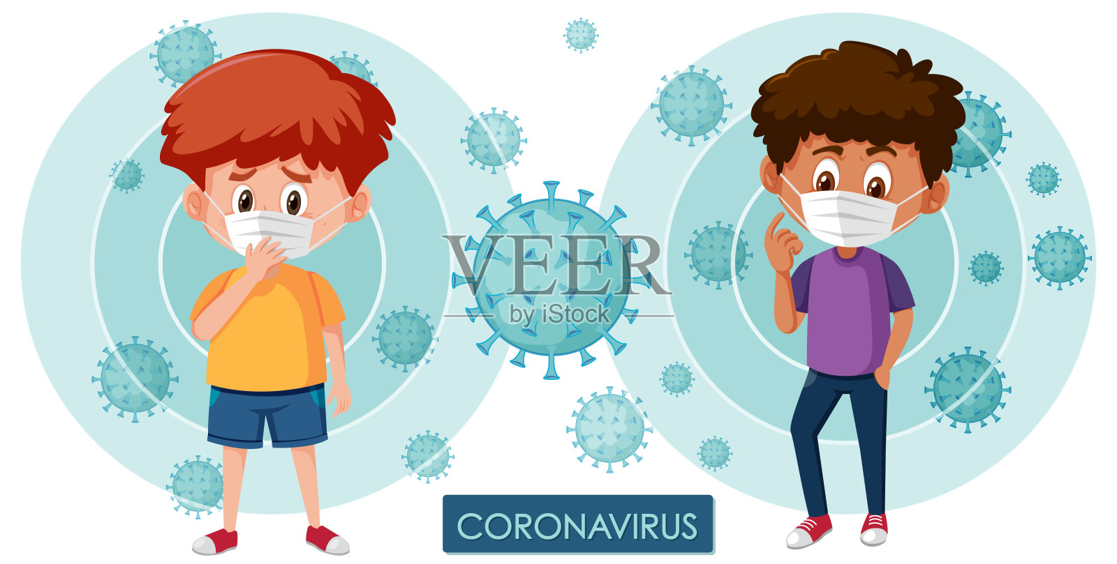 冠状病毒海报设计与病毒细胞和生病的男孩插画图片素材
