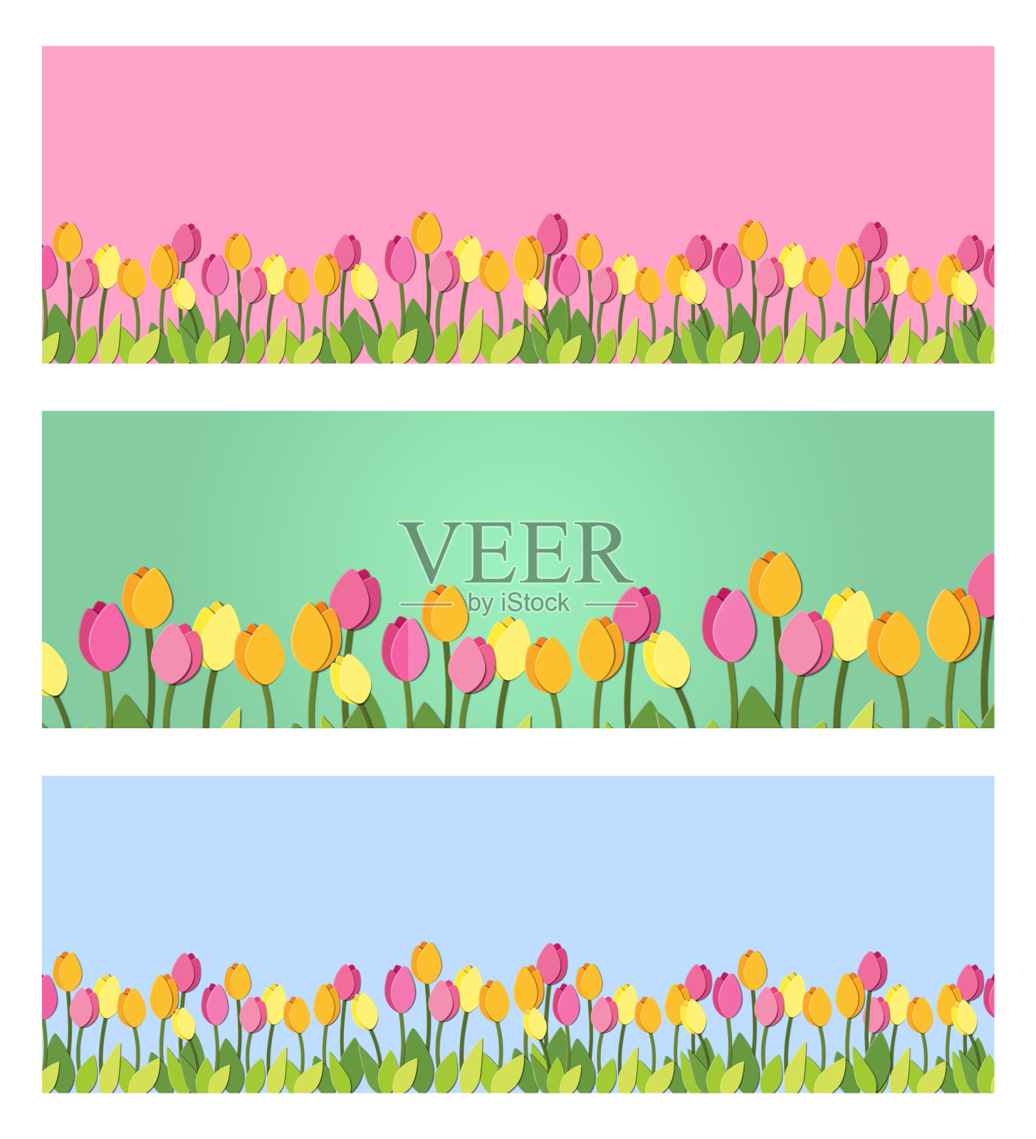 一套春季剪纸郁金香横横幅。带有花卉元素的横幅集合。矢量模拟插图。鲜花盛开的文字明信片空间插画图片素材